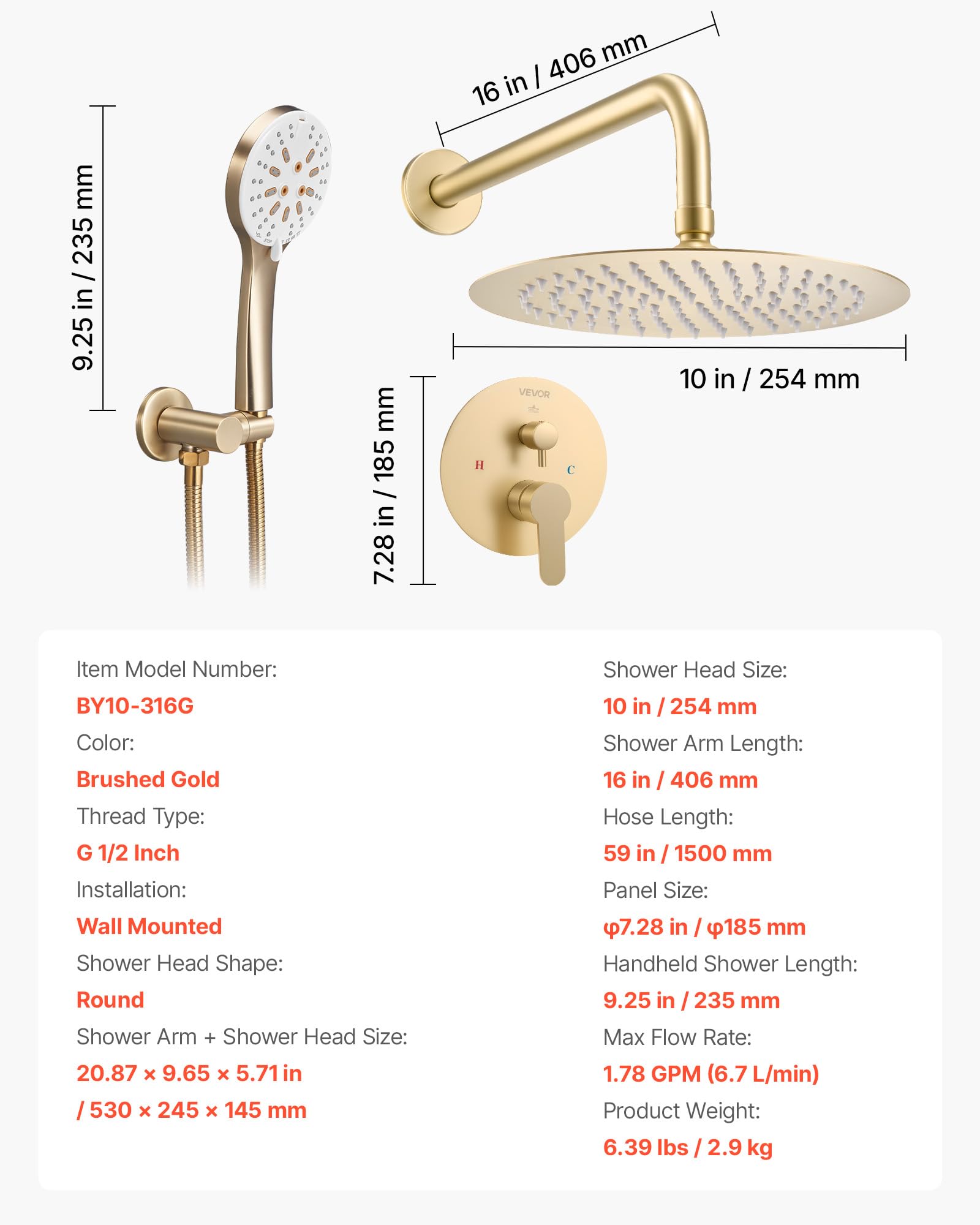 VEVOR Sistema Doccia a Pioggia per Bagno con Soffione Tondo 254 mm e Doccetta, Set di Rubinetti da Doccia a Parete, con Valvola in Ottone e Kit di Finitura, Rubinetto Doccia, Oro Spazzolato