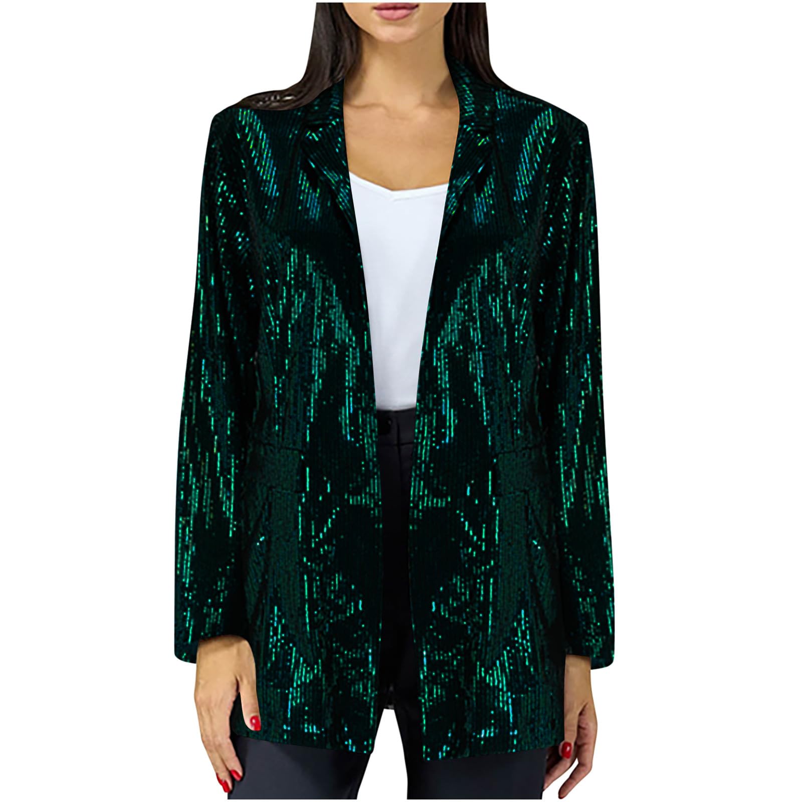 Womens Sequin Blazers Dressy Casual Open Front Lapel Suit Jackets Long Sleeve Glitter Sparkly Outerwear with Pockets