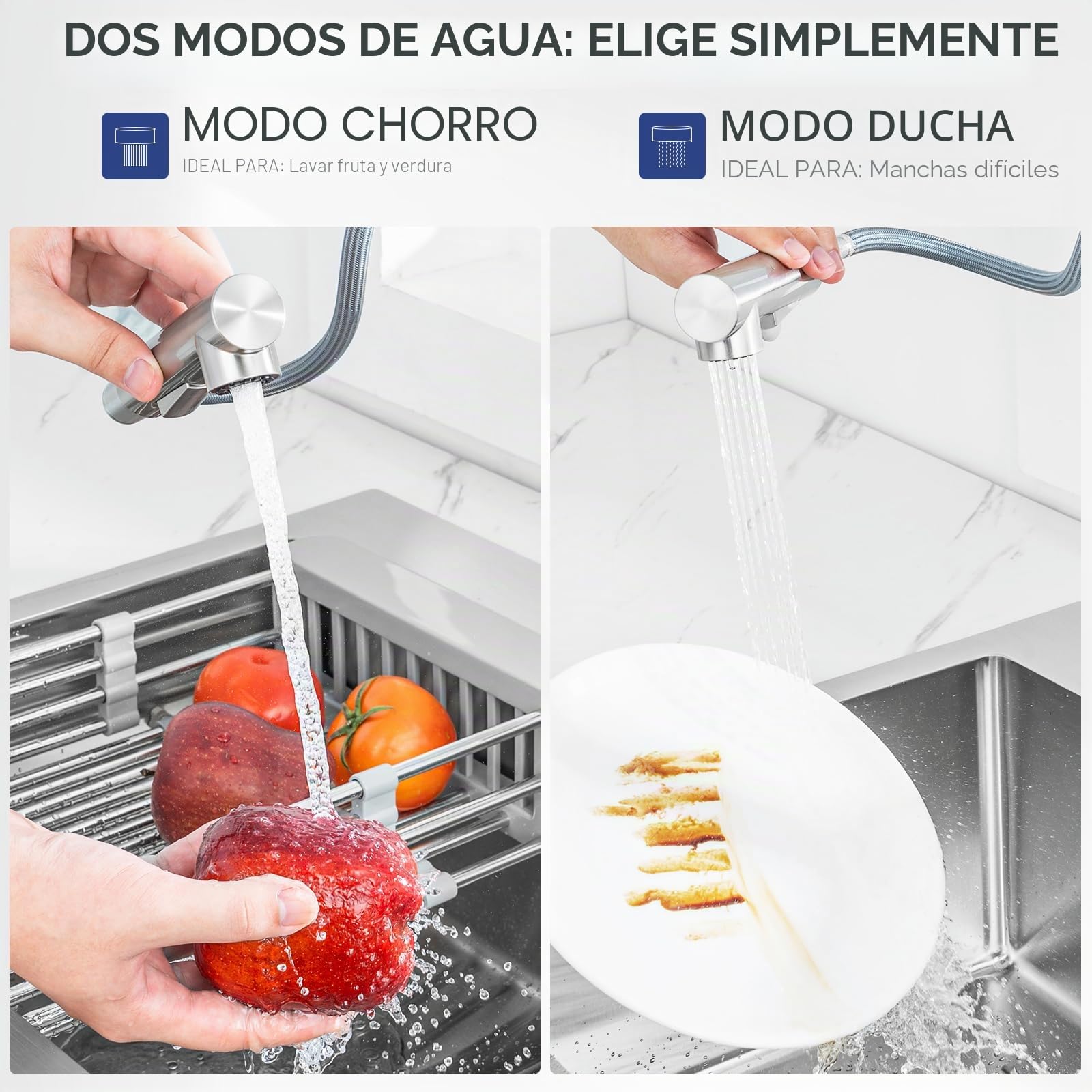 CECIPA Grifo Cocina Extraíble con Ducha, Mezclador Fregadero Giratorio 360°, Acero Inoxidable Cepillado, Compatible con Fregaderos Simples o Dobles