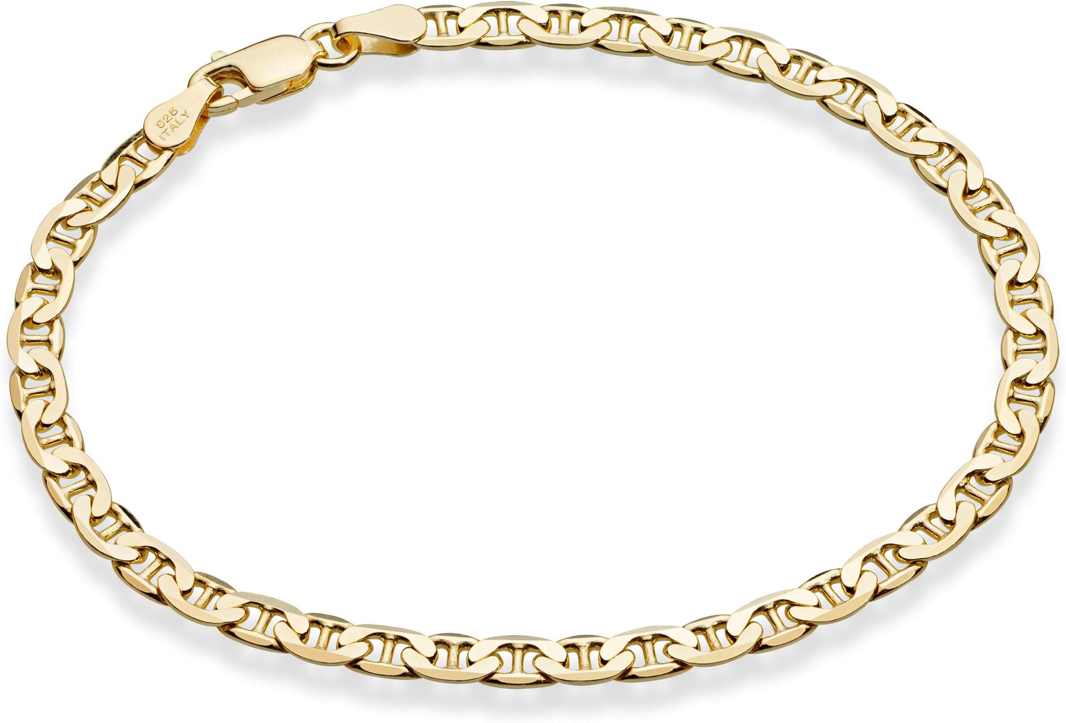 Italian Solid 925 Sterling Silver, 18Kt Gold Plated 3mm, 4mm Solid Mariner Link Chain Bracelet for Men Women, Made in Italy