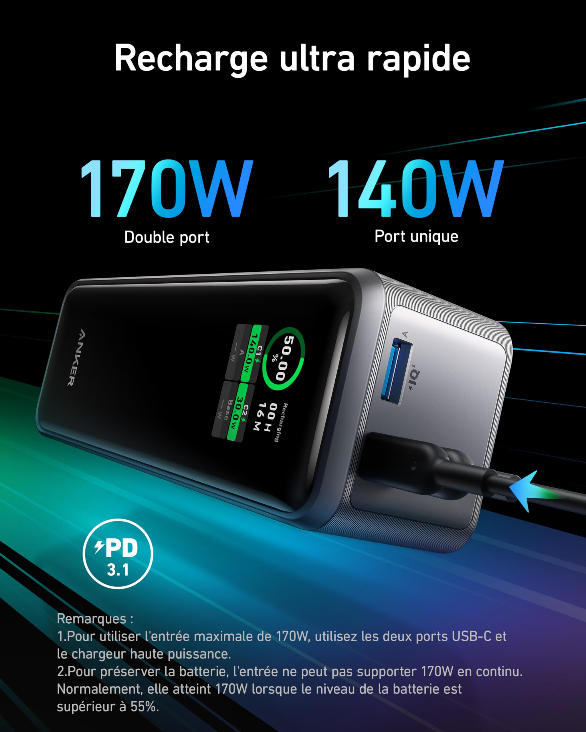 Anker Prime Batterie Externe 27 650 mAh, Chargeur Portable 250 W (99,54 Wh)