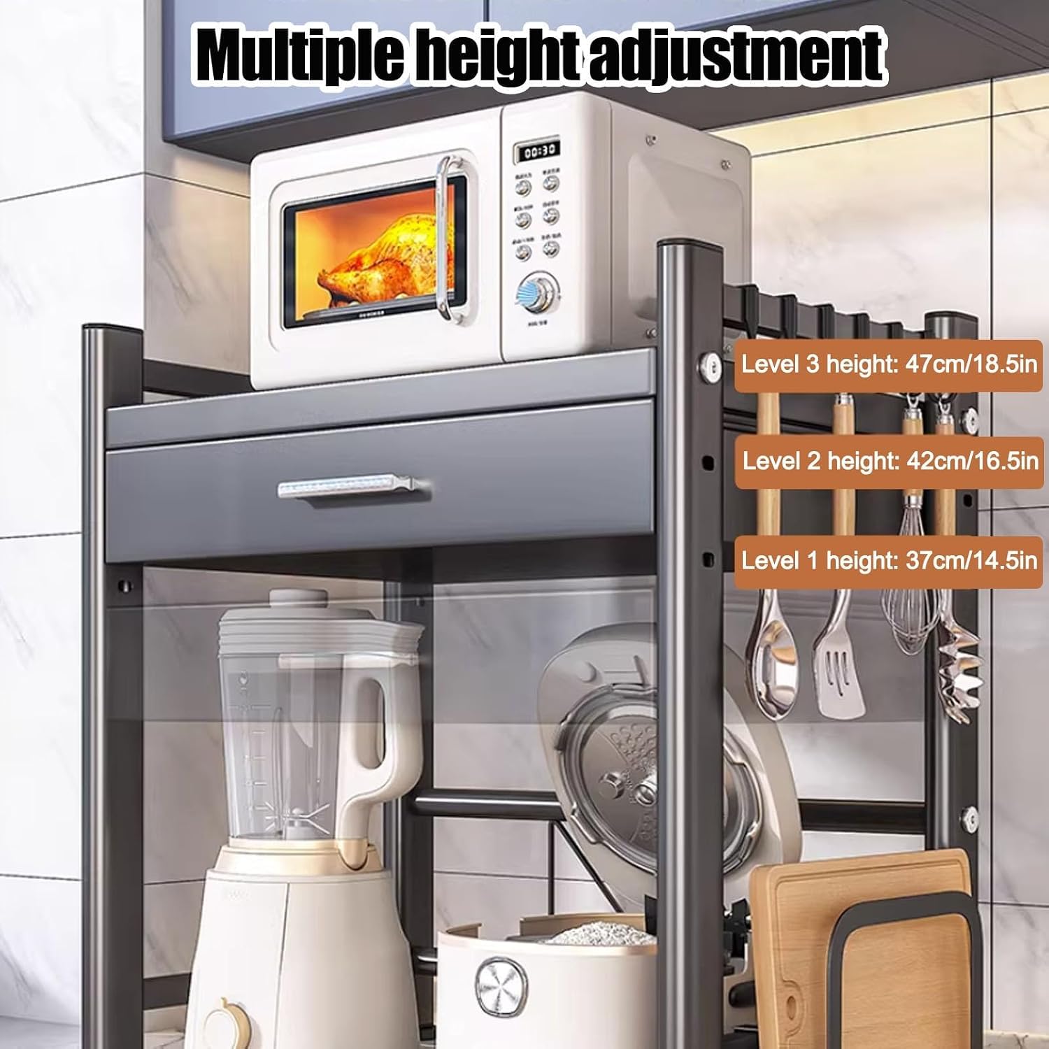 Supporto Per Microonde Con Cassetto, Ripiano Da Cucina Regolabile In Altezza, Organizer Da Piano Di Lavoro Per Utensili E Stoviglie, Ideale Per Piccoli Spazi. Grey