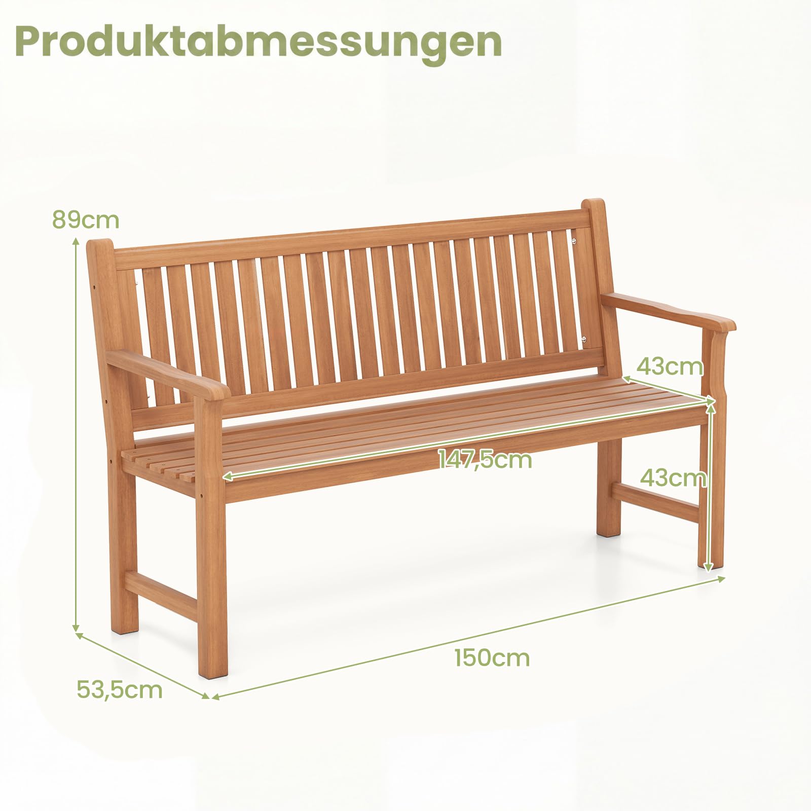 COSTWAY Gartenbank Holz, 3-Sitzer Holzbank wetterfest, Sitzbank, Balkonbank mit Armlehnen, Terrassenbank, Parkbank für Garten, Balkon, Terrasse, 150 x 53,5 x 89 cm