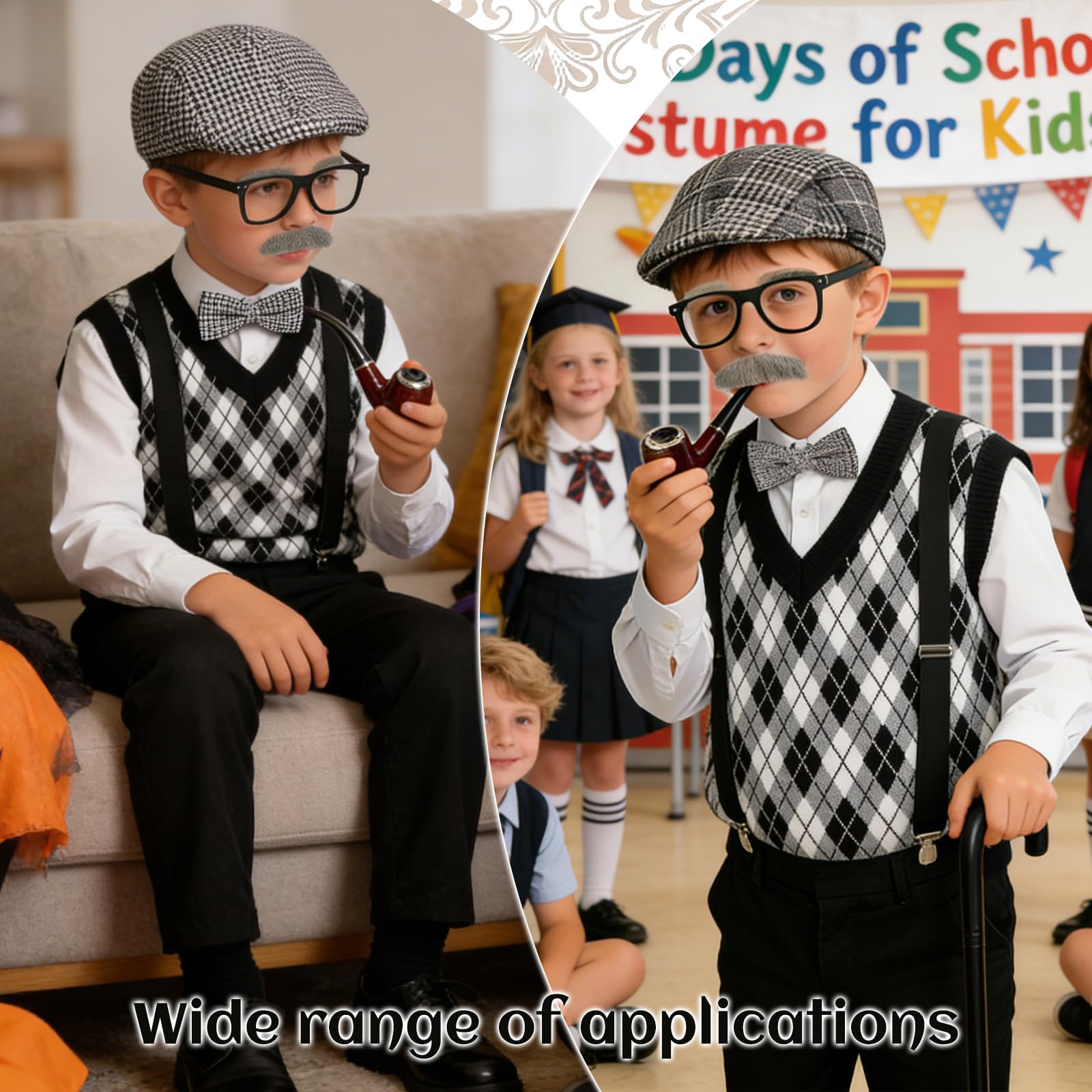 Disfraz de anciano para niños, 8 piezas, disfraz de abuelo de los 100 días de escuela de los años 20, sombrero, chaleco, bastón de corbata, disfraz divertido para Halloween, Día Mundial del Libro