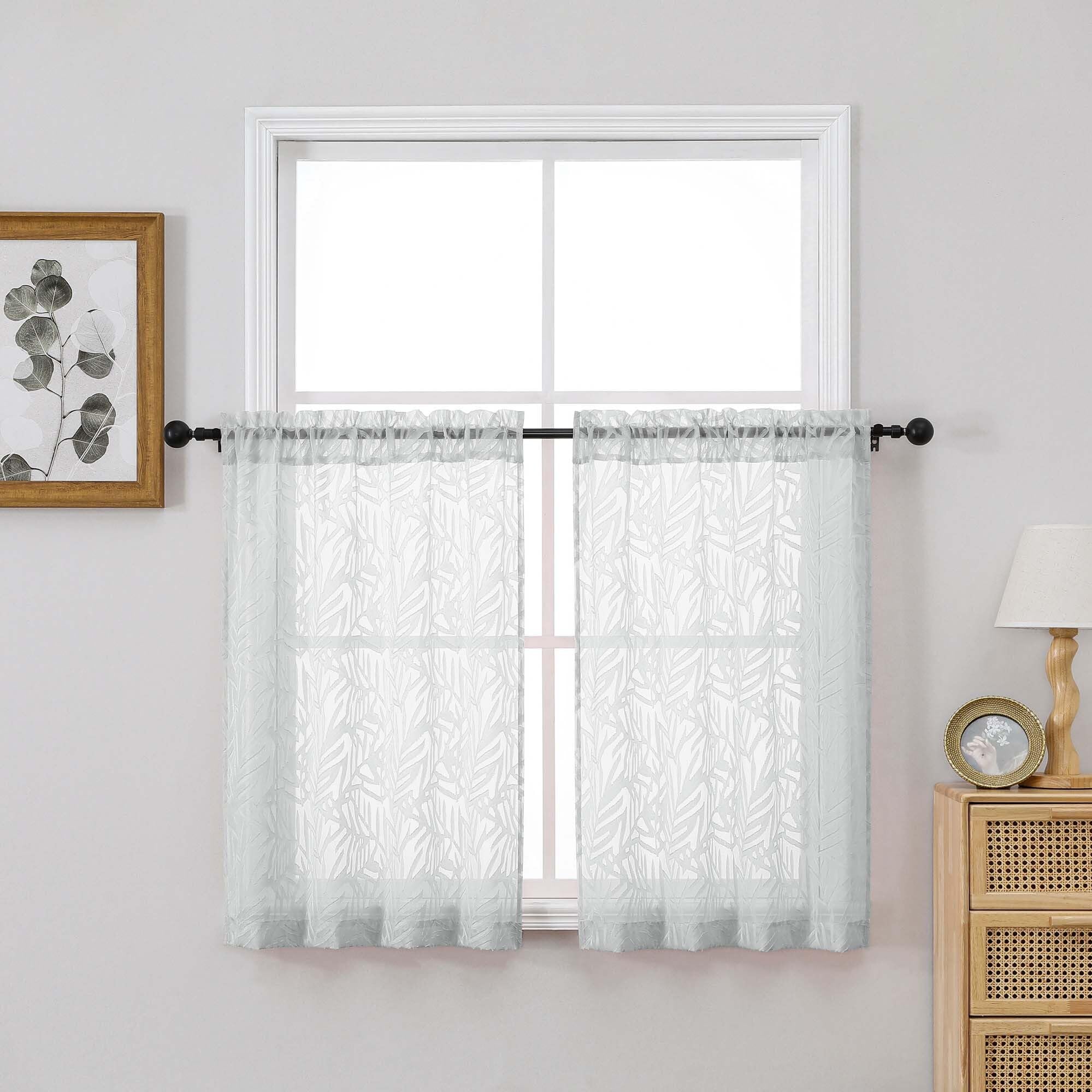 OVZME Textured Light Grey Sheer Curtains Tier 36 inch Length 2 Panels, Light Filtering Elegant Farmhouse Short Sheer Curtains for Bedroom Basement Small Window, Dual Rod Pocket, 2x30Wx36L Inches