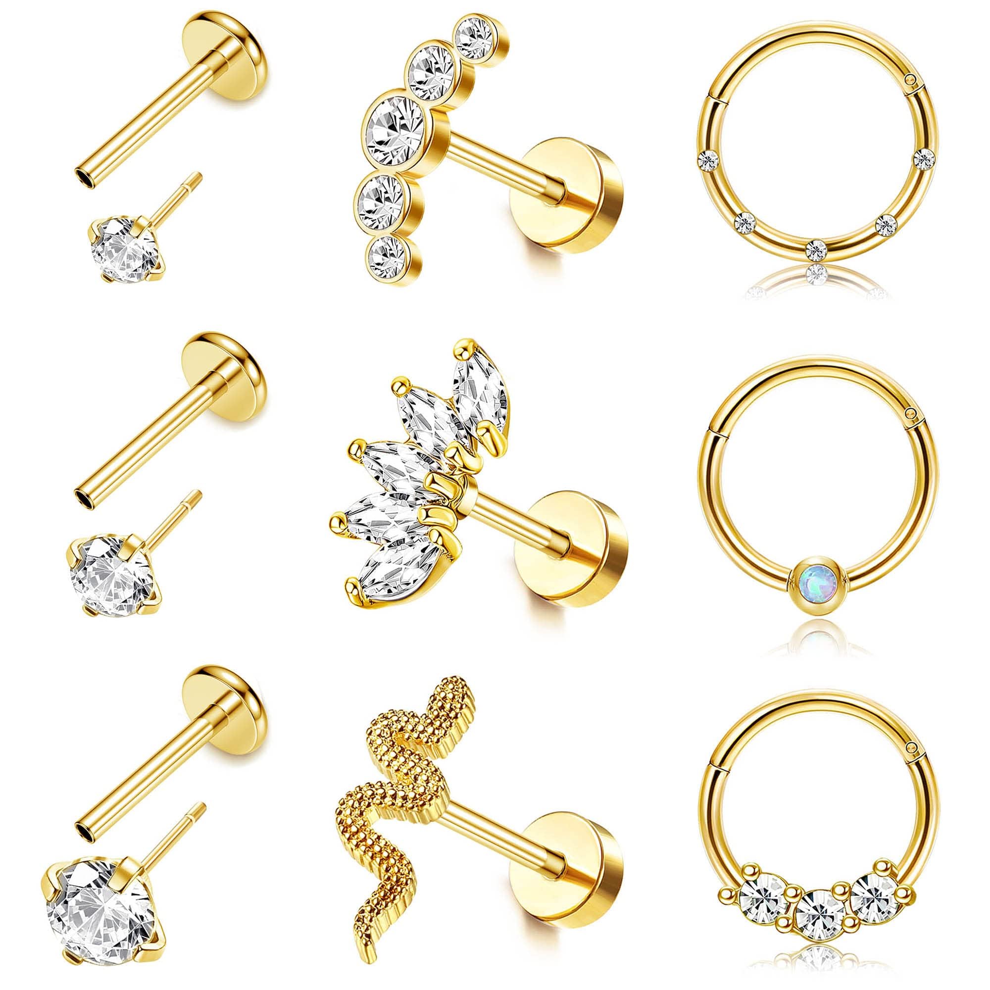 FIBO STEEL 16G Surgical Steel Cartilage Earrings for Women Stud Hoop Earrings Threadless Push in Lip Rings Nose Rings Tragus Medusa Conch Monroe Helix Piercings Jewelry