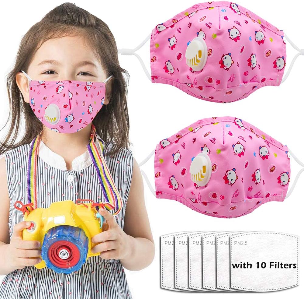 atokiss2 Pack kids Reusable Washable Facial Cotton Covering with Breathing Valve, Adjustable Ear Loops with 10 Pcs Filters for Children Kids