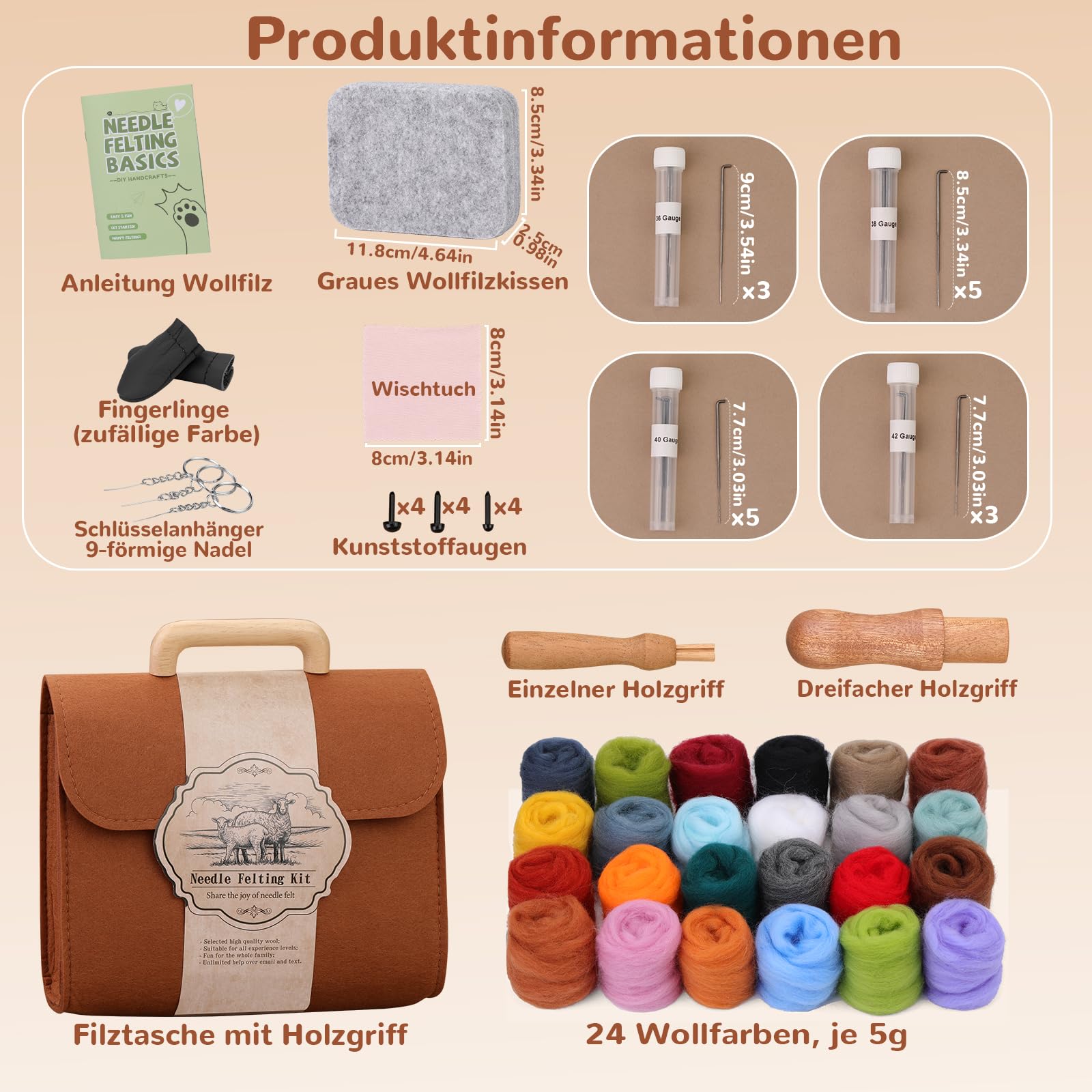 Reovin Nadelfilzset in 24 Farben, Nadelfilzzubehör Mit Aufbewahrungstasche, Wollfilzset Mit Filzwolle in Großen Mengen, Filznadeln, Nadelfilzunterlage Für DIY-Basteldekoration
