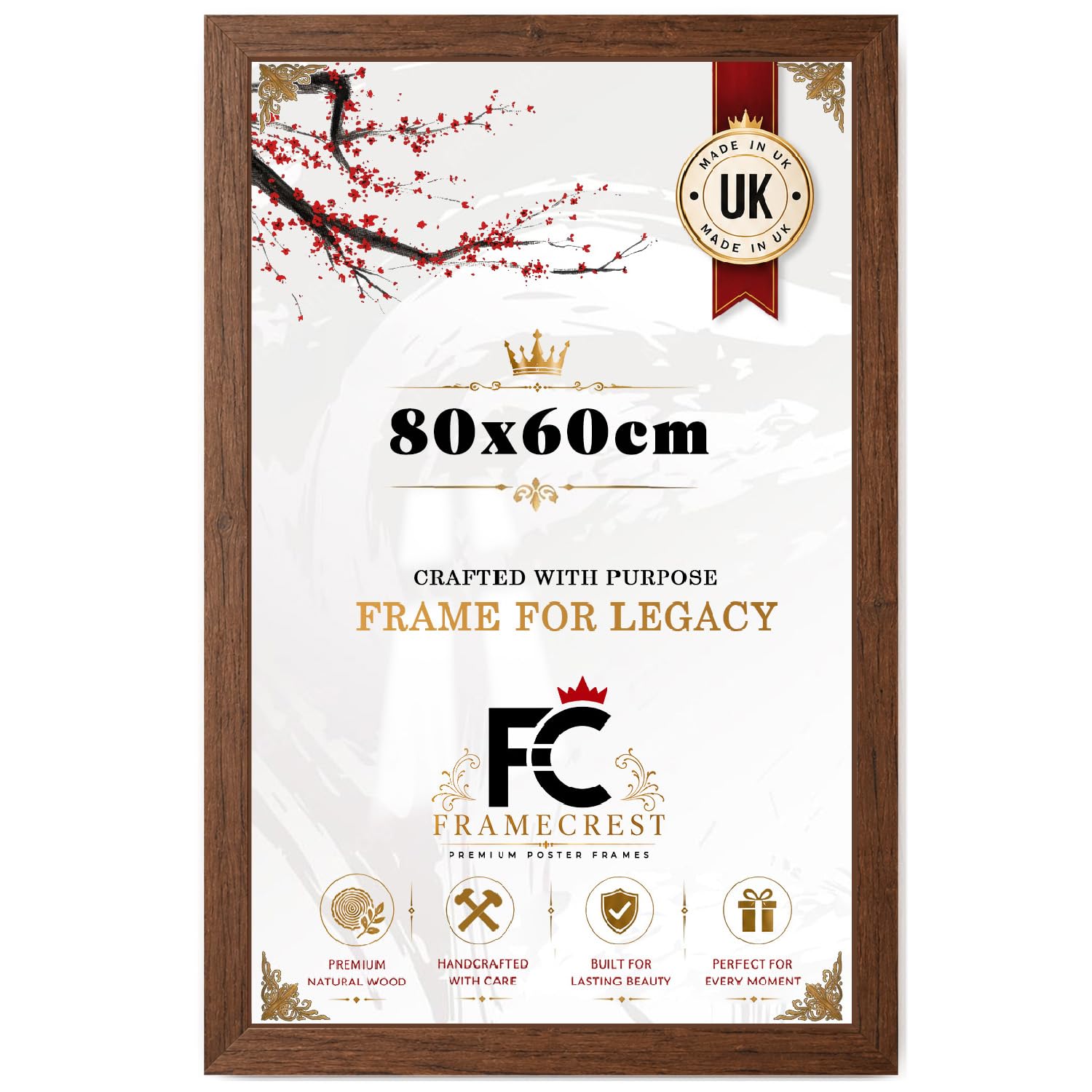 FRAMECREST Luxurious Flat Picture Frame 80x60cm | Walnut Engineered Wood Finish | Crystal Clear Perspex Front | Elegant Display for Photos, Artwork & Prints- [Walnut]