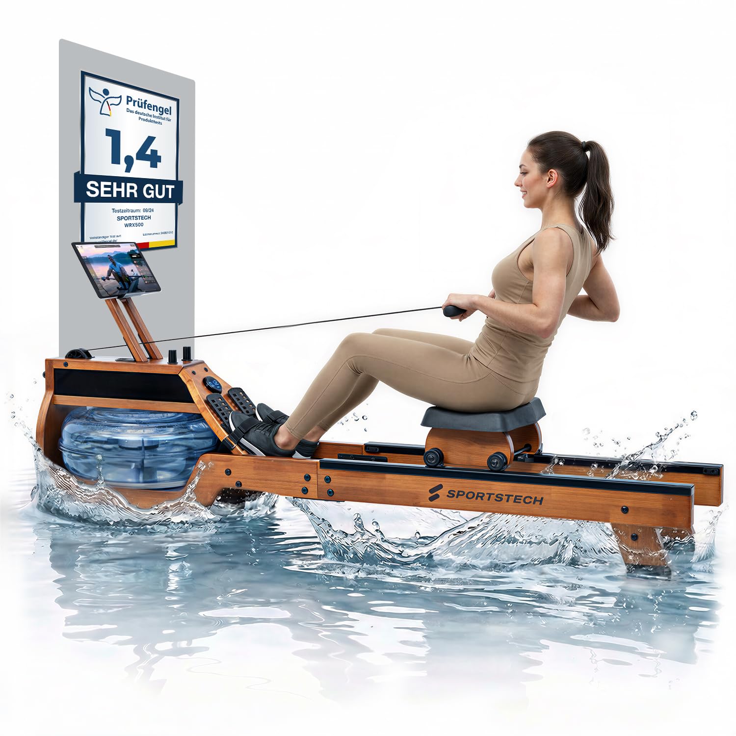 Sportstech Wasser Rudergerät für Zuhause, klappbar oder vertikal verstaubar, Rudermaschine aus Holz mit Wassertank, LED Knob oder Touchscreen Display, Home Gym Ganzkörpertraining, WRX500/AquaElite