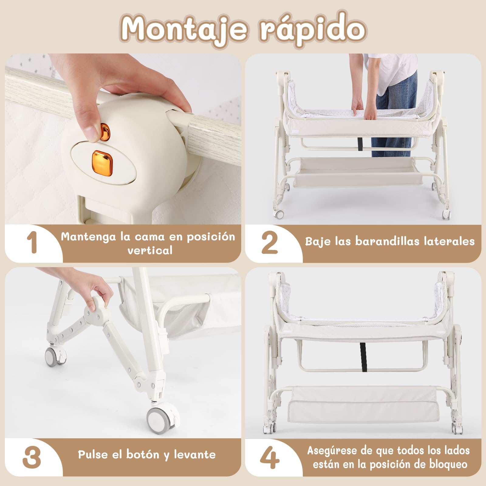 HOLAVIDA 5 en 1 Cuna Colecho, Moises para Bebe, Ajustables Colecho Bebe Cuna con Cambiador, Cesta de Almacenamiento, Mosquitera, Colchón, Portable Crib Mecedora para Recién Nacidos (Beige)