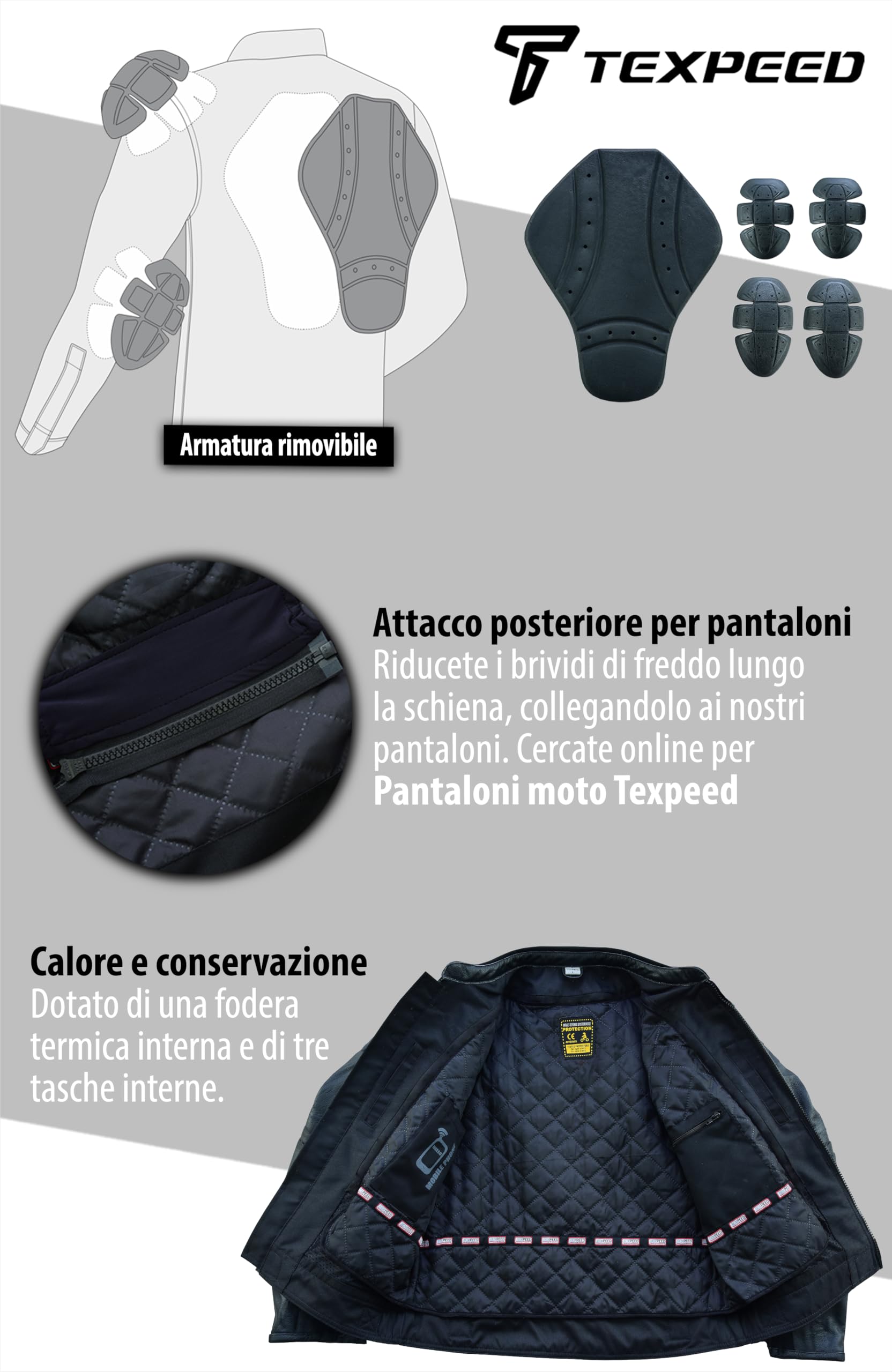 Texpeed Giacca da moto in pelle da uomo - Giacca da moto da turismo con protezione originale da motociclista CE (EN 1621-1) Design trapuntato con cuciture a diamante - Marrone - 3XL