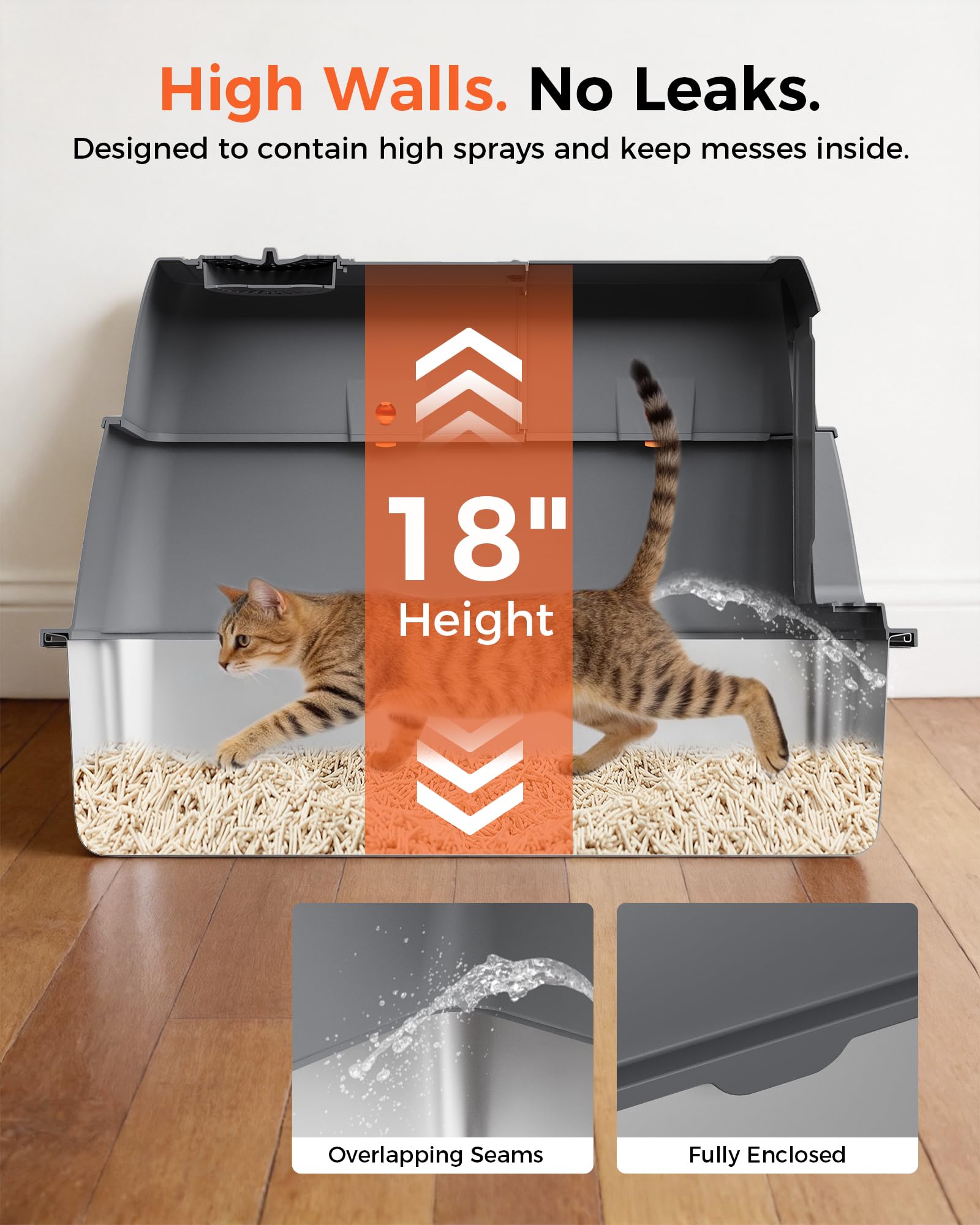 GTPLAYER XXL Stainless Steel Cat Litter Box with Lid, High Sided Enclosed Covered Litterbox, Activated Carbon Odor Control, Extra Large Metal Cat Box, Non-Stick, with Mat & Scoop, Grey - image 7