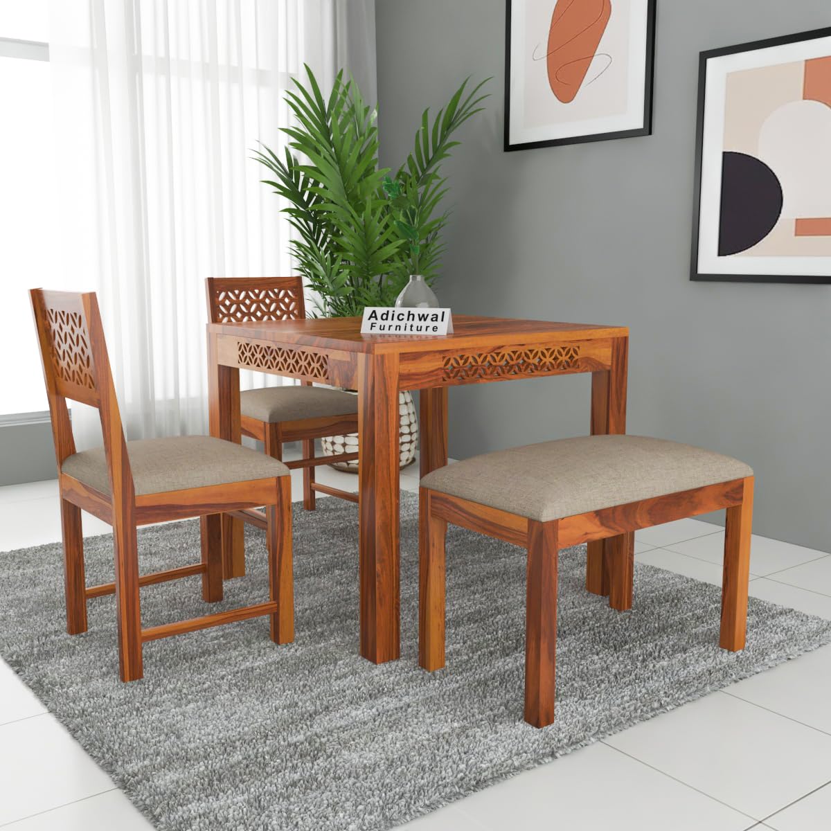 Adichwal Furniture Sheesham Wood 2 Chair with 1 Bench Dining Table Set with Cushioned Chairs for Dining Room | Living Room | Hotels Restaurant (4 Seater with Bench, Honey A)