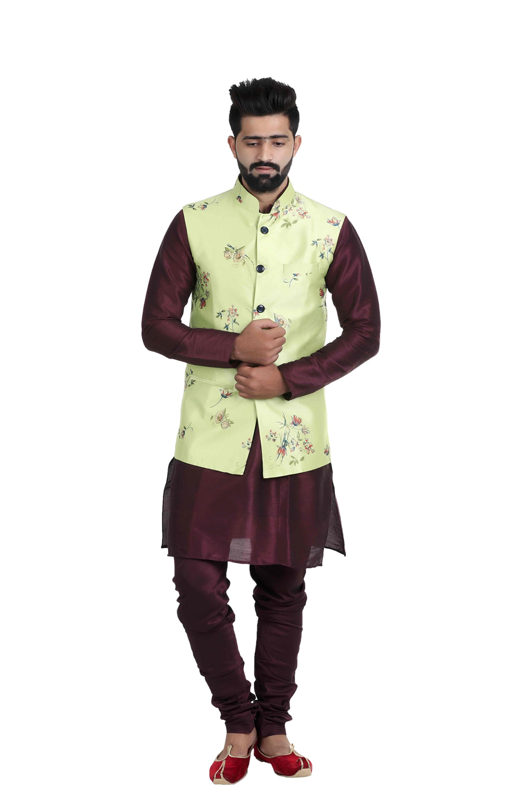 Light Green Printed Silk Nehru Jacket-image-44