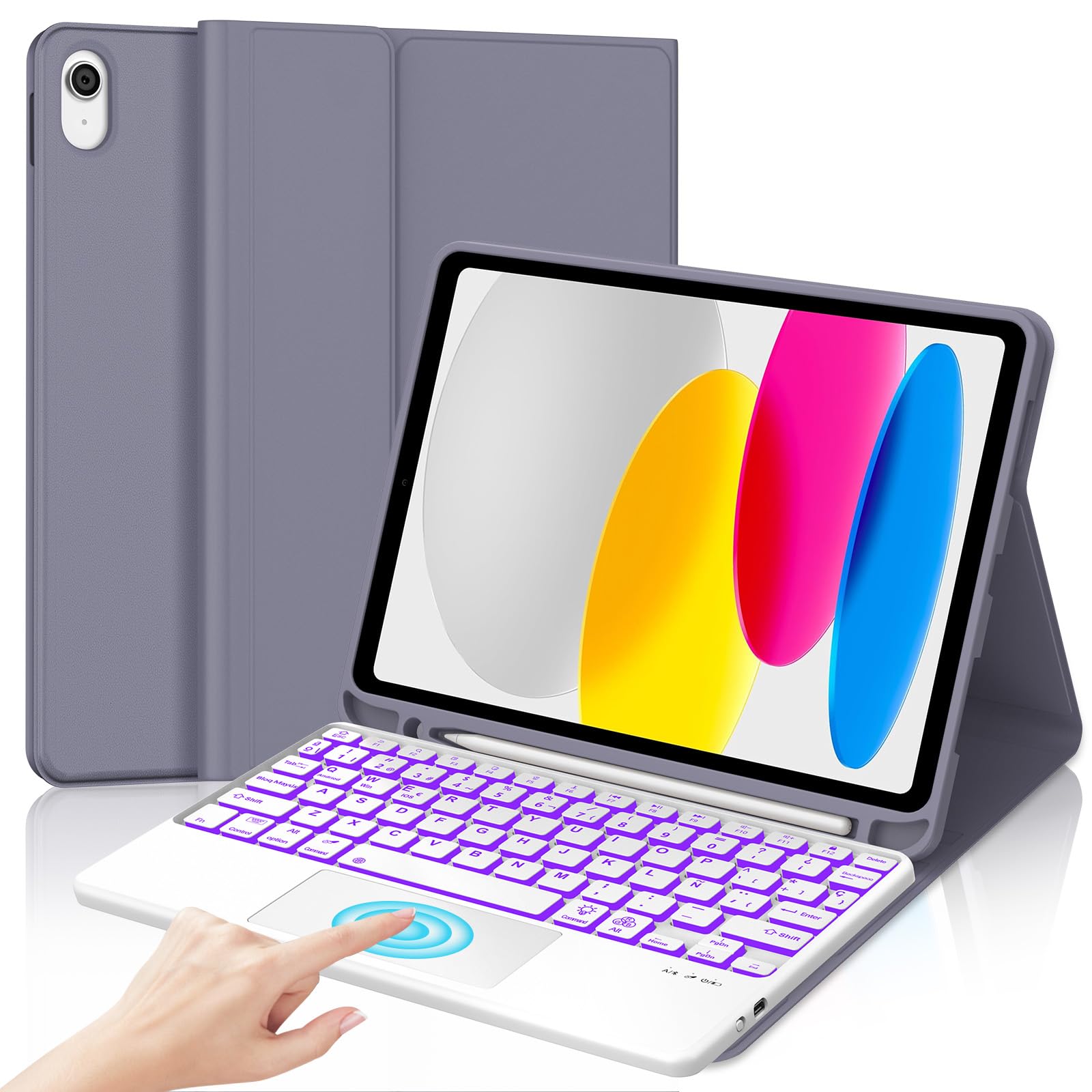 Teclado para iPad 11 Generación A16 2025/10 Gen 2022 (11/10.9 Pulgada) con Touchpad, Trackpad Retroiluminado de 7 Colores EspaƱol Ć, Keyboard Recargable MagnĆ©tico Desmontable Bluetooth, Morado Gris