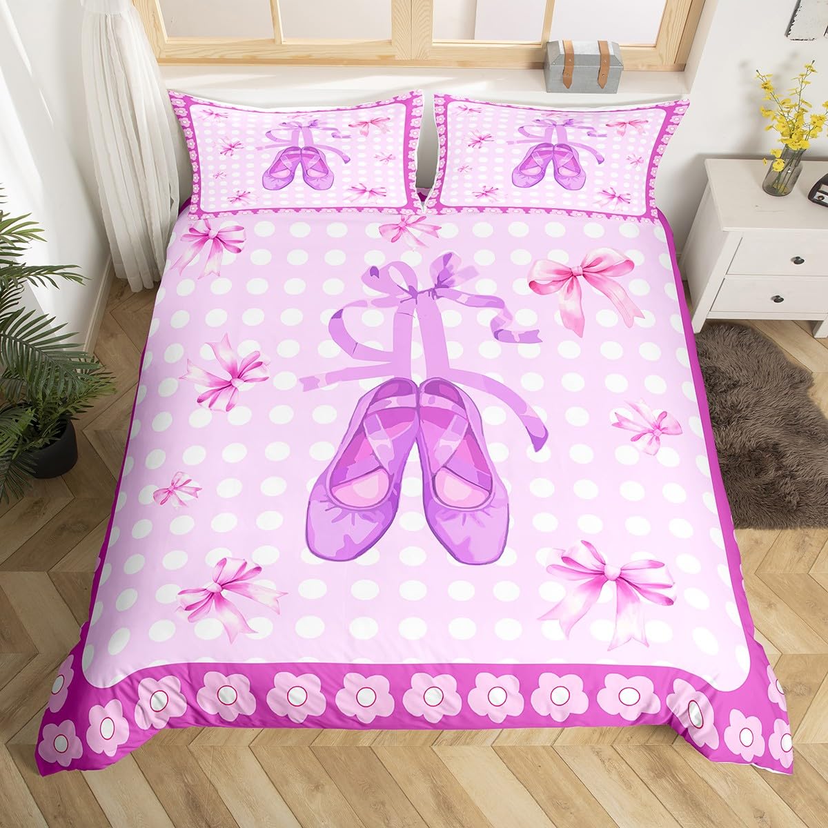 Homewish Girls Ballerina Bedding Set For Kids Who Love Ballet Purple Bowknot Bow Tie Duvet Cover,Single Size Princess Ballet Decor Shoes Bed Cover Botanical Flowers Watercolor Print Bed Set
