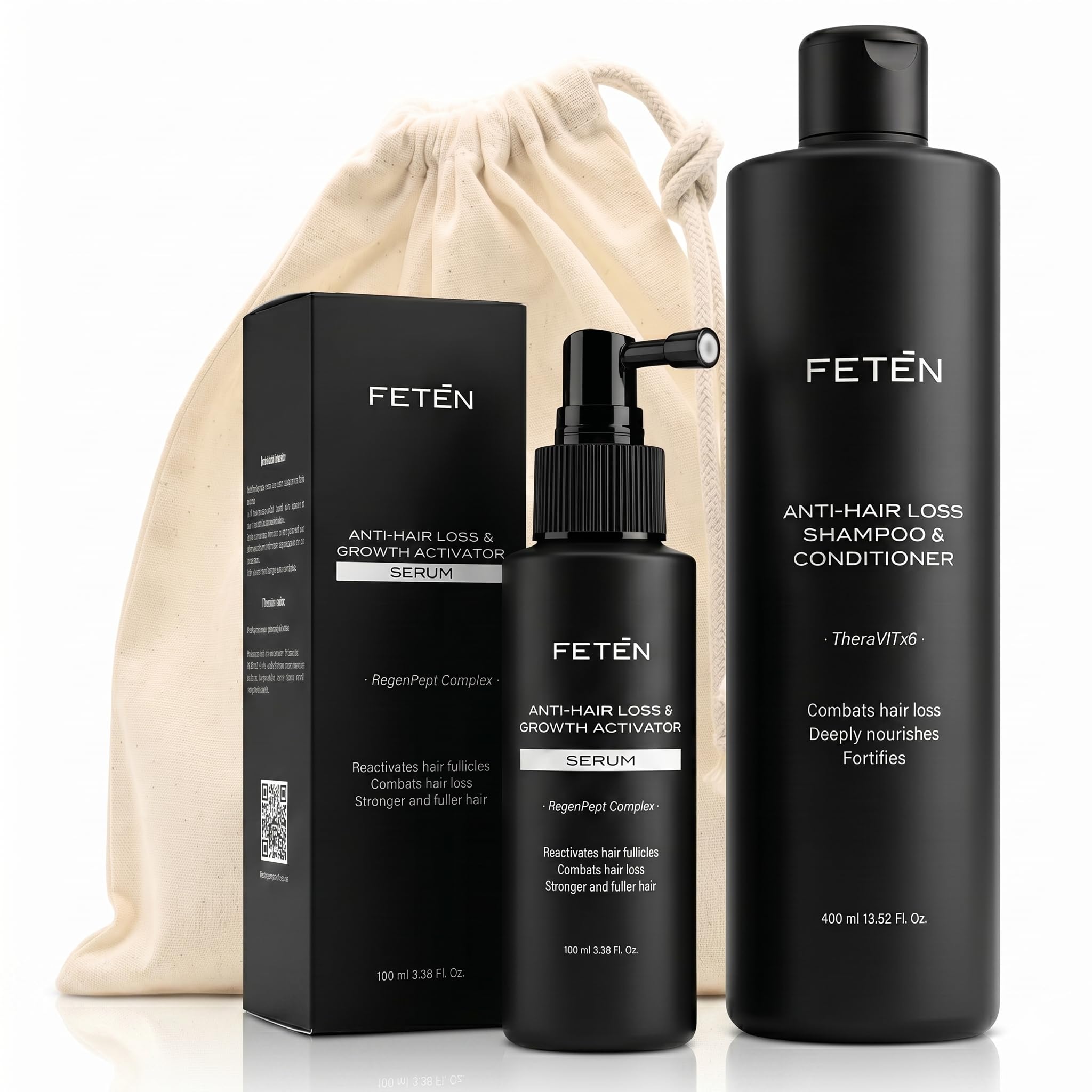 FETEN Zestaw Przeciw Wypadaniu Włosów dla Mężczyzn - Szampon i Odżywka 400 ml + Serum Spray 100 ml - Kuracja na Wypadanie Włosów - Wzrost, Objętość i Wzmocnienie - Anti Hair Loss