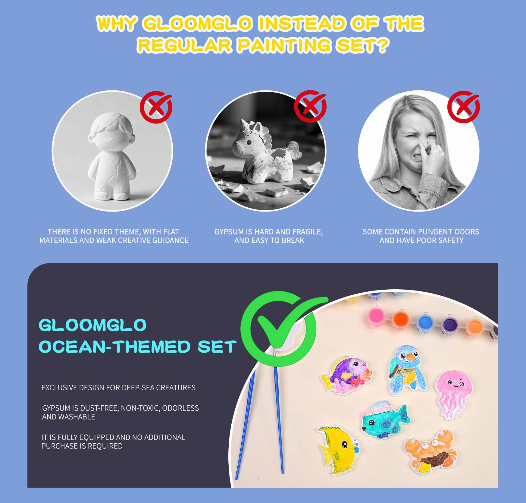 GloomGlo Underwater World - Kit per pittura in gesso, confezione da 8 pezzi, set fai da te con 24 statuine di animali marini, tavolozza di pennelli lavabili, regalo creativo fatto a mano per bambini