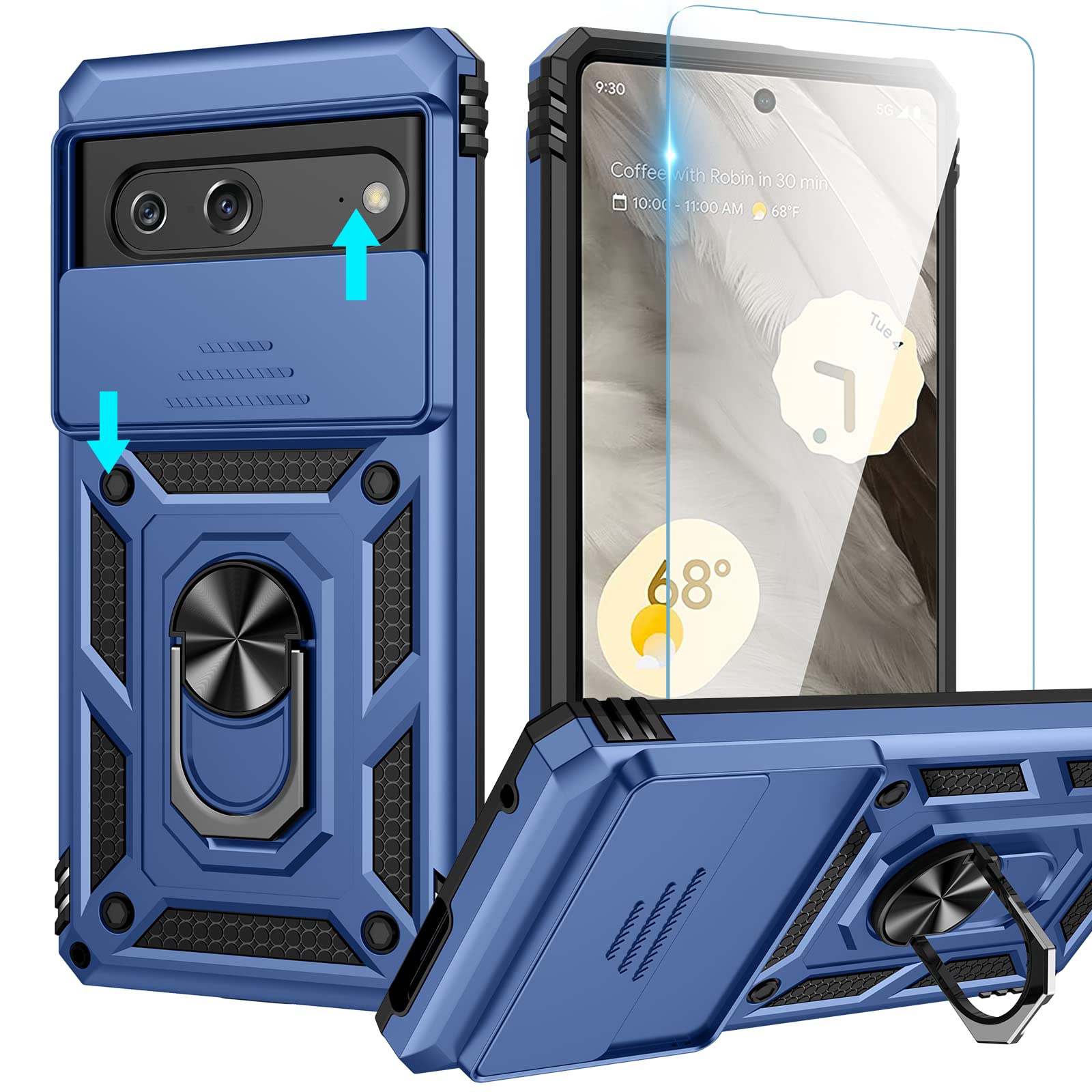 Photo 1 of **BUNDLE OF 3**  Goton for Google Pixel 7 Case with Screen Protector - Slide Camera Cover Phone Case with Ring Stand, Heavy Duty Military Grade Shockproof Rugged Bumper for Pixel 7 Accessories Blue Blue(Case+Screen Protector) for Pixel 7