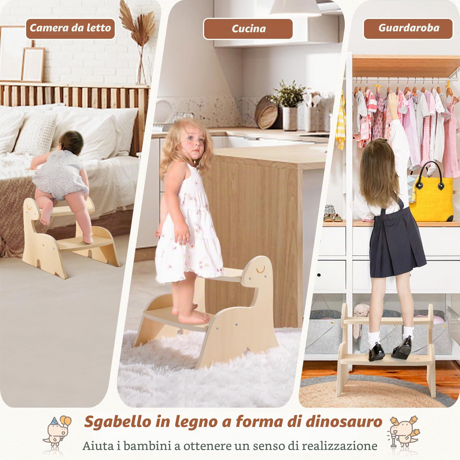 Torre Montessori di Apprendimento in Legno per Bambini, Sgabello a 2 Livelli Contro Parete Mobile Dinosauro, Mobili Dino per Stanza, Bagno, Cucina, WC