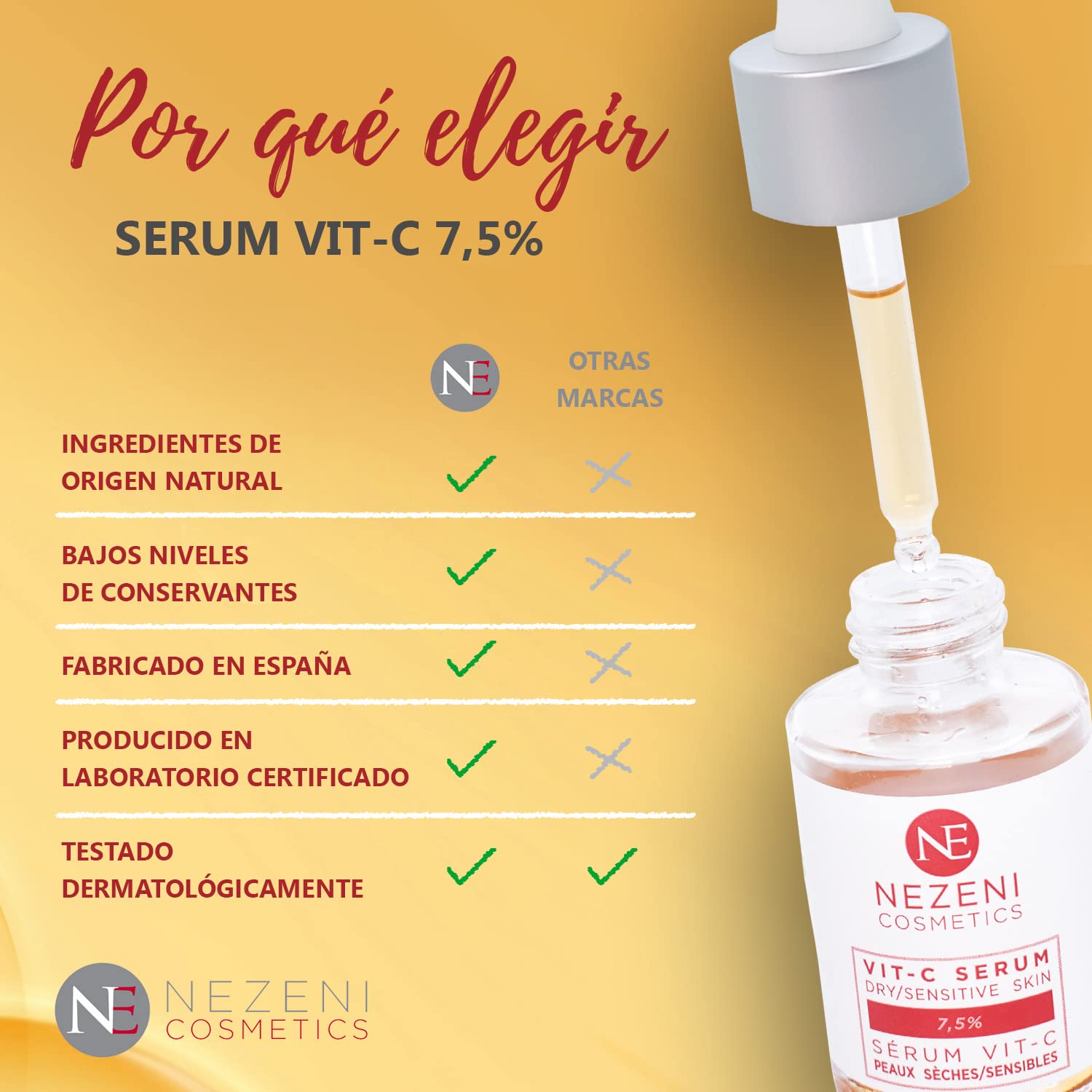 Sérum Facial 7,5% VITAMINA C con Ácido Hialurónico + Niacinamida – 9 principios activos - BAJO CONSERVANTES 2 años caducidad cerrado