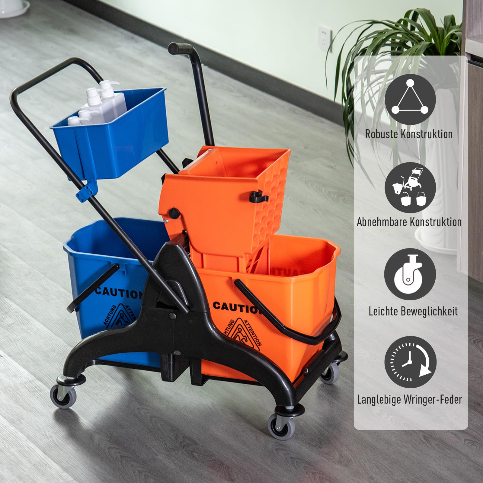 HOMCOM Putzwagen Reinigungswagen 26 Liter Wischwagen mit Wischmopp-Presse Orange