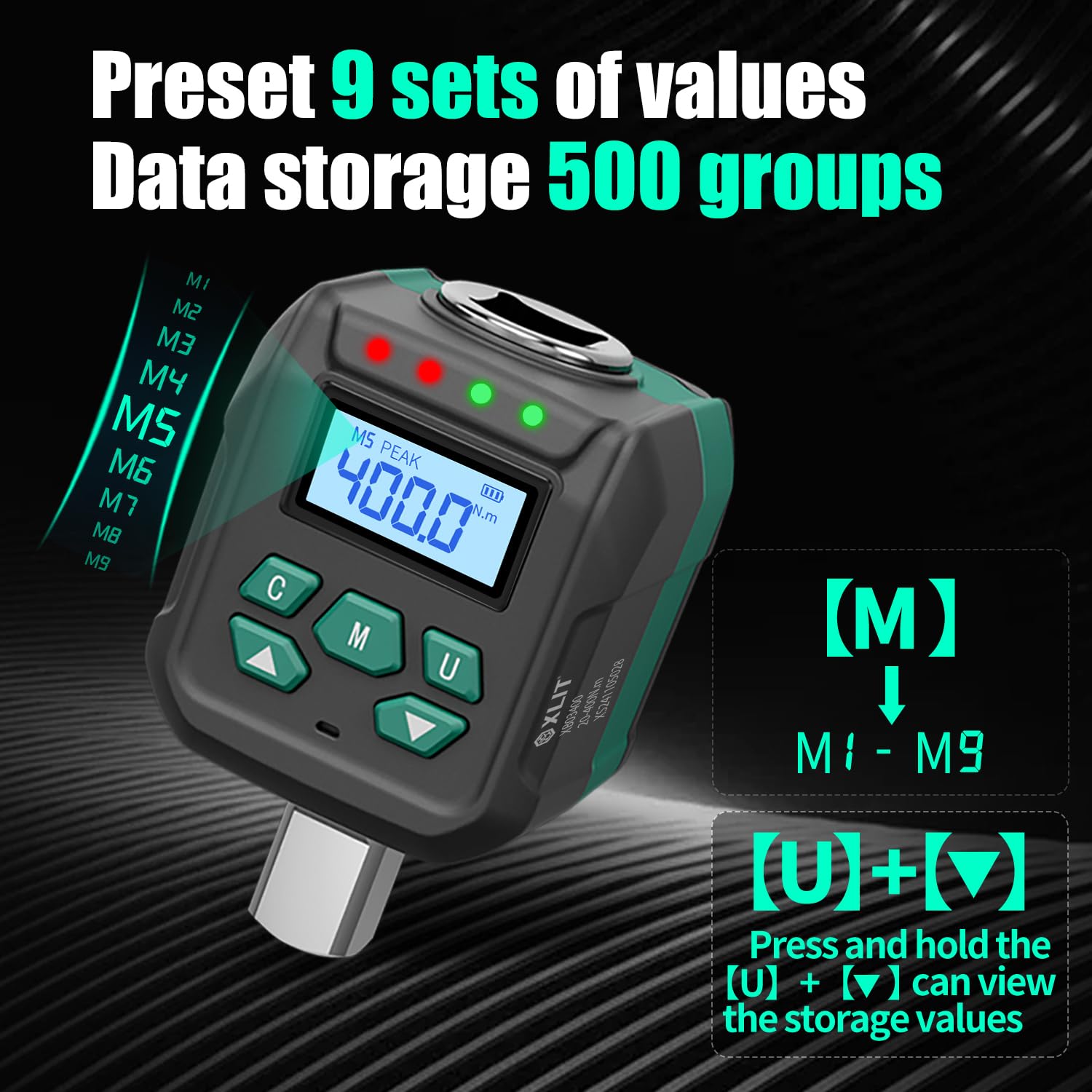 Adaptador de par digital de 1/2" ± 2% de precisión 20-400 Nm con señal acústica e indicador LED, juego de adaptadores de tuerca de 1/4" 3/8" para reparación de coches