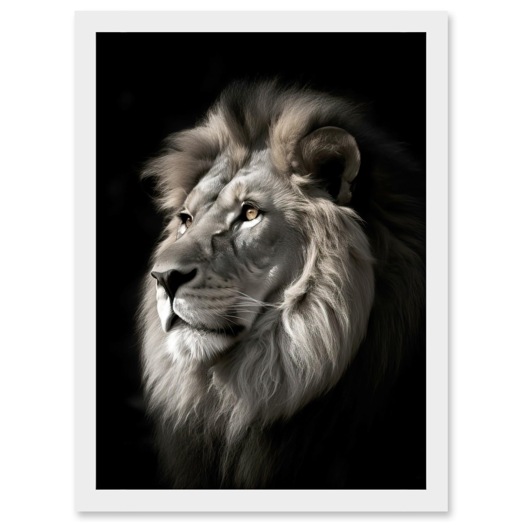 Artery8 Lion Head Portrait Dramatic Photograph Strong Leo Dark Atmospheric Light Artwork Framed A3 Wall Art Print