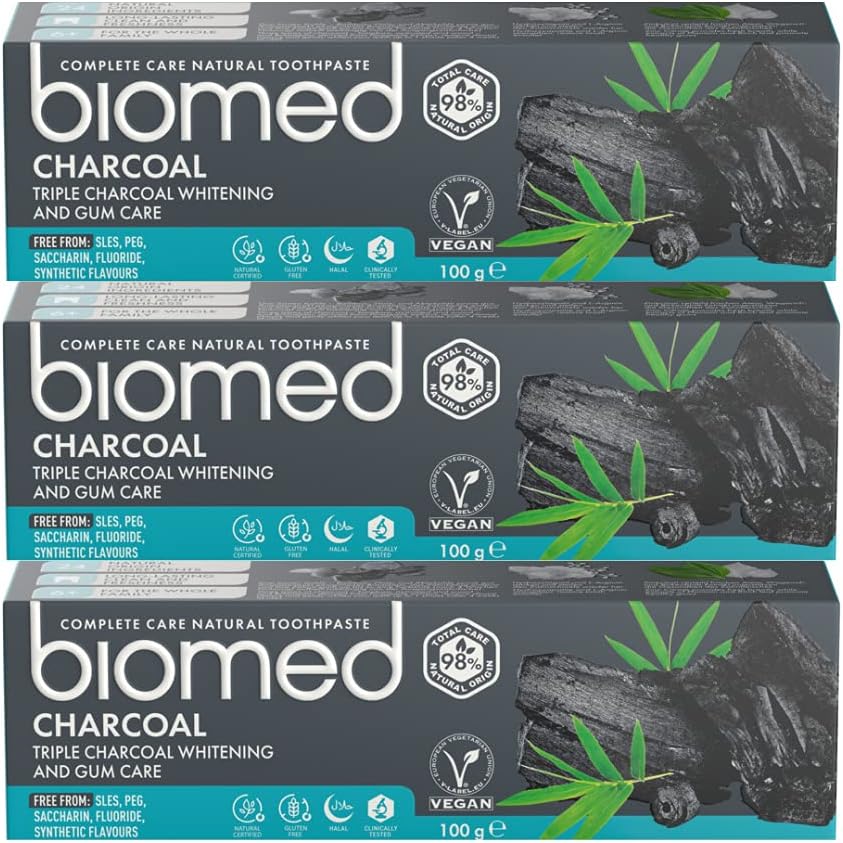 BIOMED CompleteCare Charcoal, Fluoride-free, Tripple charcoal whitening and Gum care Toothpaste - 100gms (Pack of 3), Black