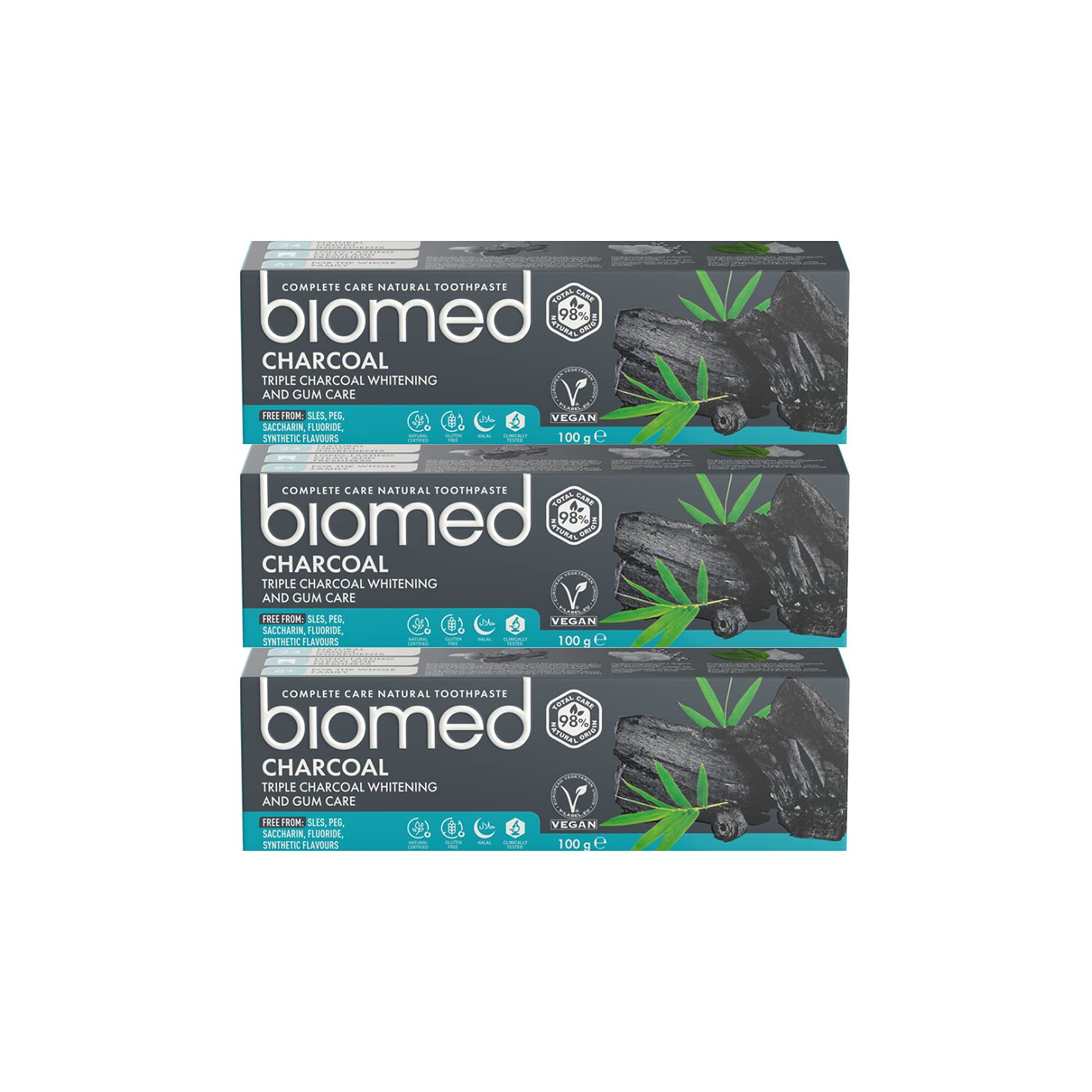 BIOMED CompleteCare Charcoal, Fluoride-free, Tripple charcoal whitening and Gum care Toothpaste - 100gms (Pack of 3), Black