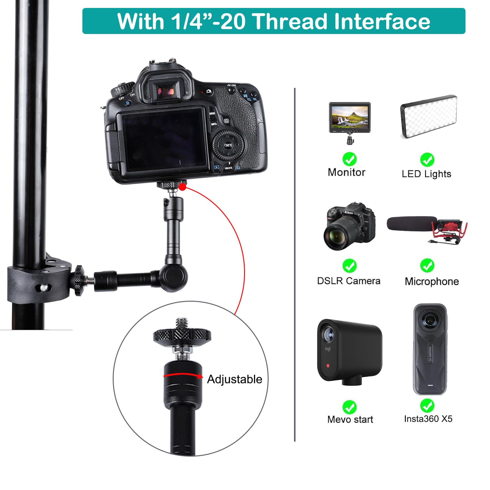 Kit de abrazadera de brazo mágico, brazo de fricción articulado para montaje de cámara con súper abrazadera, con tornillo de 1/10.2 cm-20 y agujero de rosca, para cámara, luz, monitor, cámara web o