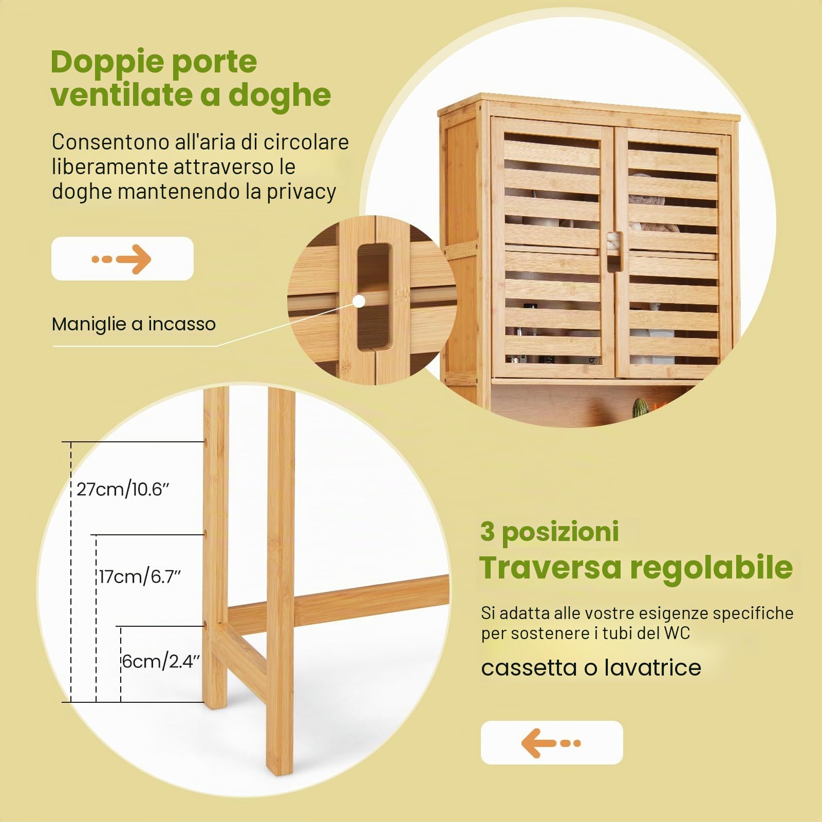 LIFEZEAL Mensola per WC in bambù, con 2 ante e ripiano aperto, armadietto autoportante per lavatrice, asciugatrice, armadietto per WC, bagno