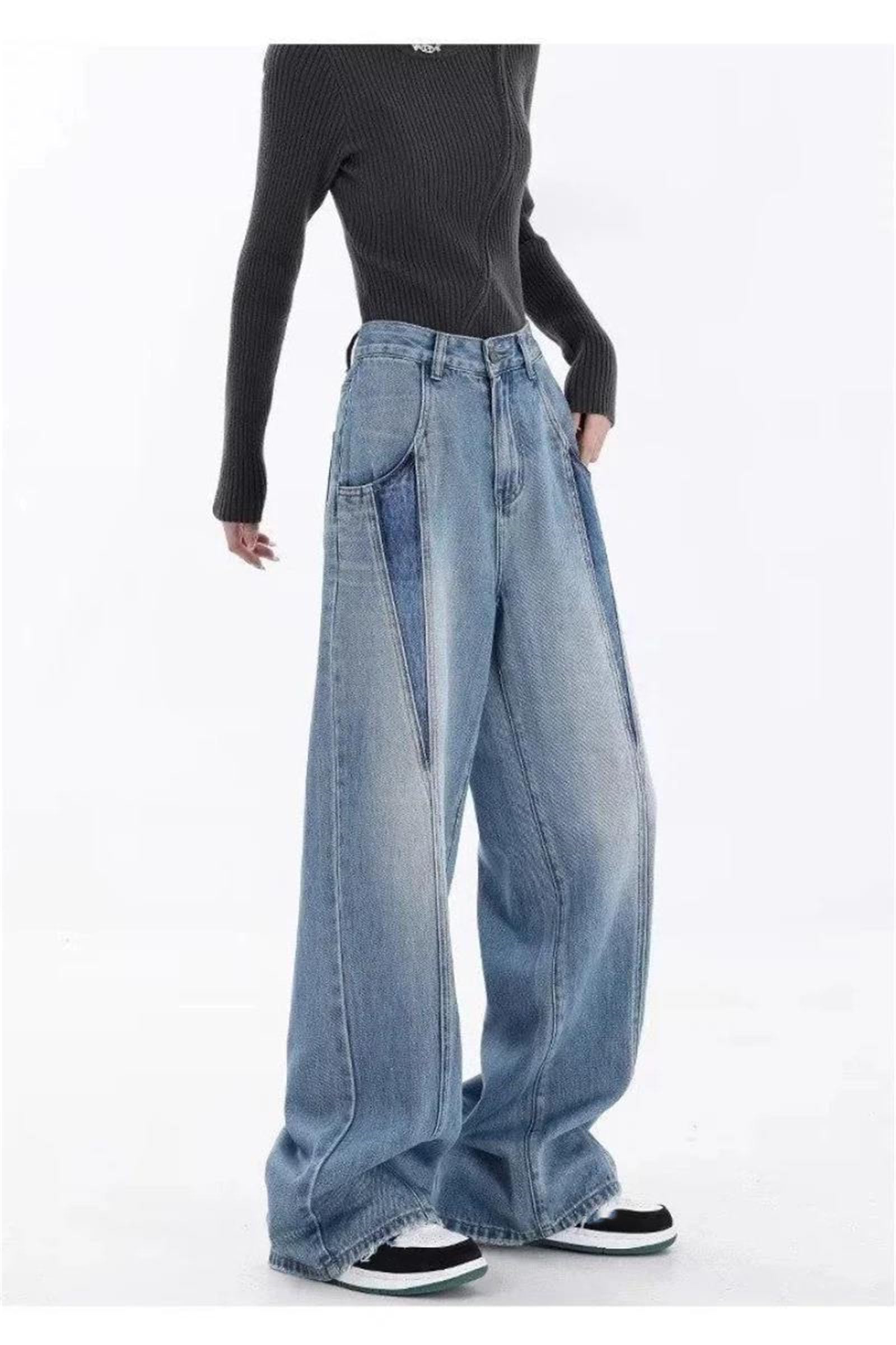 Pantalones vaqueros de pierna ancha para mujer, diseño de retazos, ajuste holgado, rectos, casuales, estilo urbano