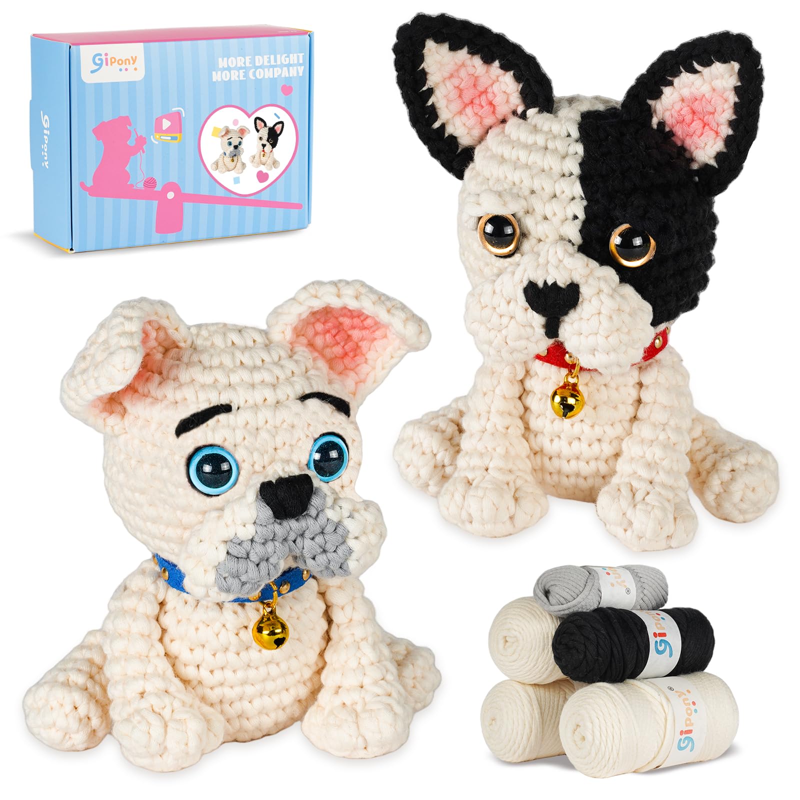 Gipony Crochet Kit for Beginners Animal,Crochet Animal Kits,Crocheting Kit for Starters,Learn to Crochet with Step-by-Step Video Tutorials,Beginner Crochet Kits for Adults(2 Pack French Bulldog)