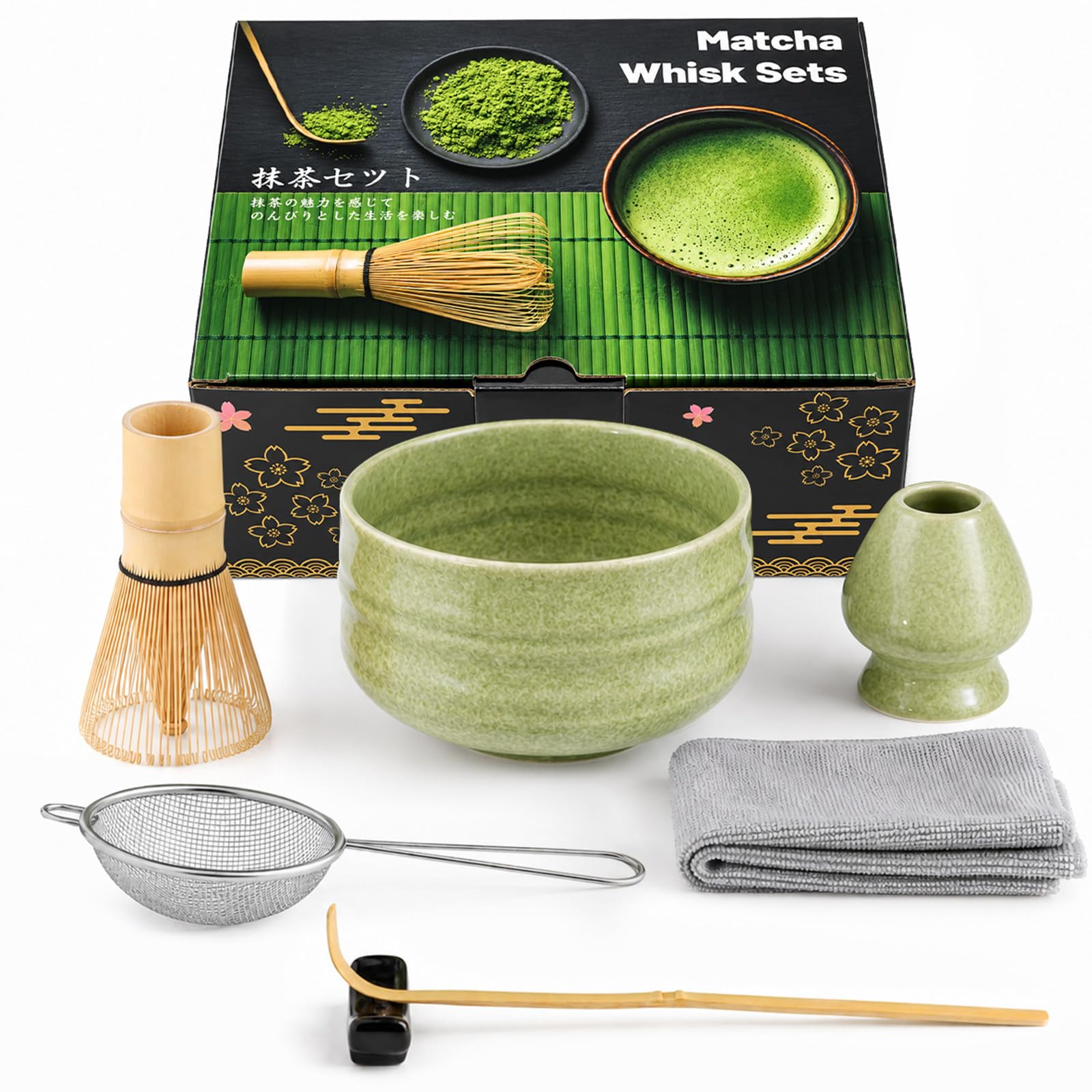 7PCS Matcha Whisk Kit, Ceramic Bowl & Bamboo Whisk (Matcha Green)