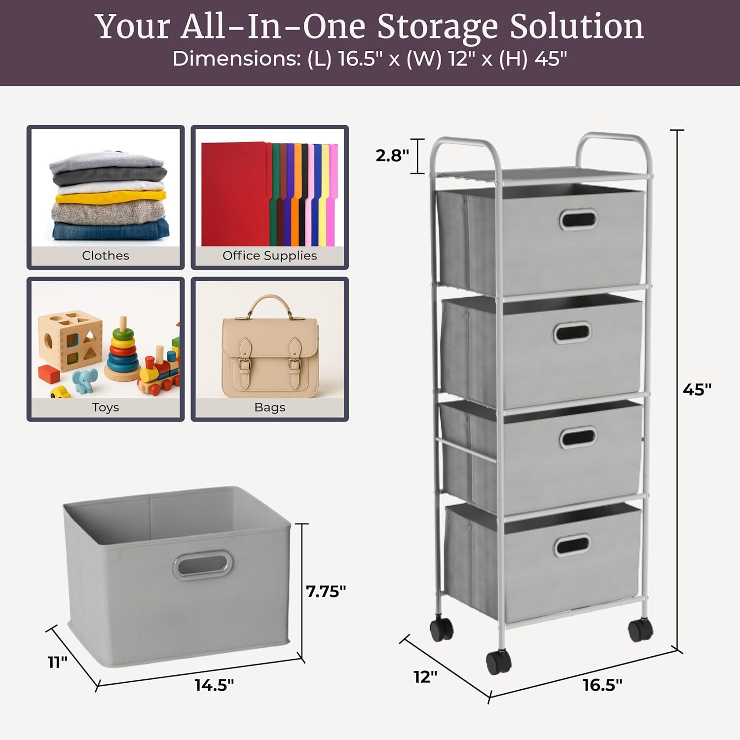 4-Drawer Fabric Dresser - Slim Clothes Storage Organizer with Wheels and Metal Frame - Rolling Cart for Closet, Home, or Office by Lavish Home (Gray) - Image 3