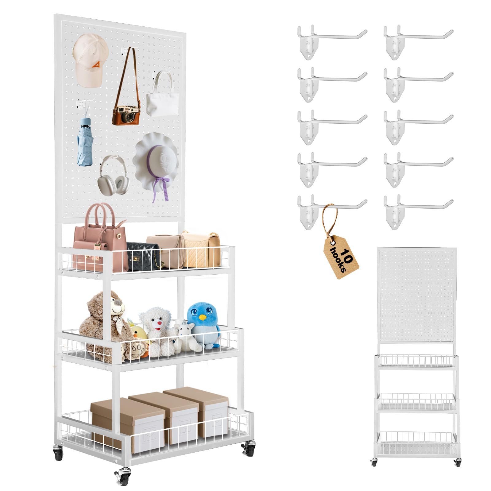 Pegboard Panels, 3-Tiers Metal Pegboard Display Stand with Peg Board Panel, Standing Pegboard Display Rack, Craft Show Display, Art Display and Retail Display Stand with 10 Hooks - White