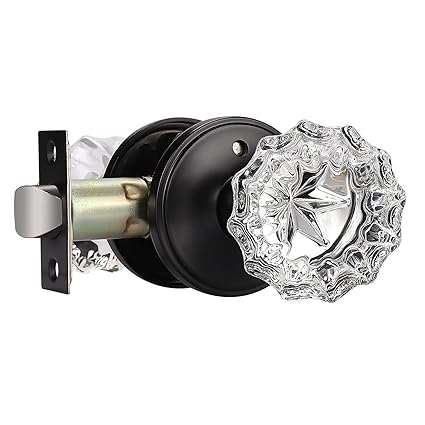 KNOBWELL Modern Round Crystal Door Knobs with Lock, Frosted Glass Door Knobs Interior, Privacy Function for Bed and Bath, Matte Black Door Lock