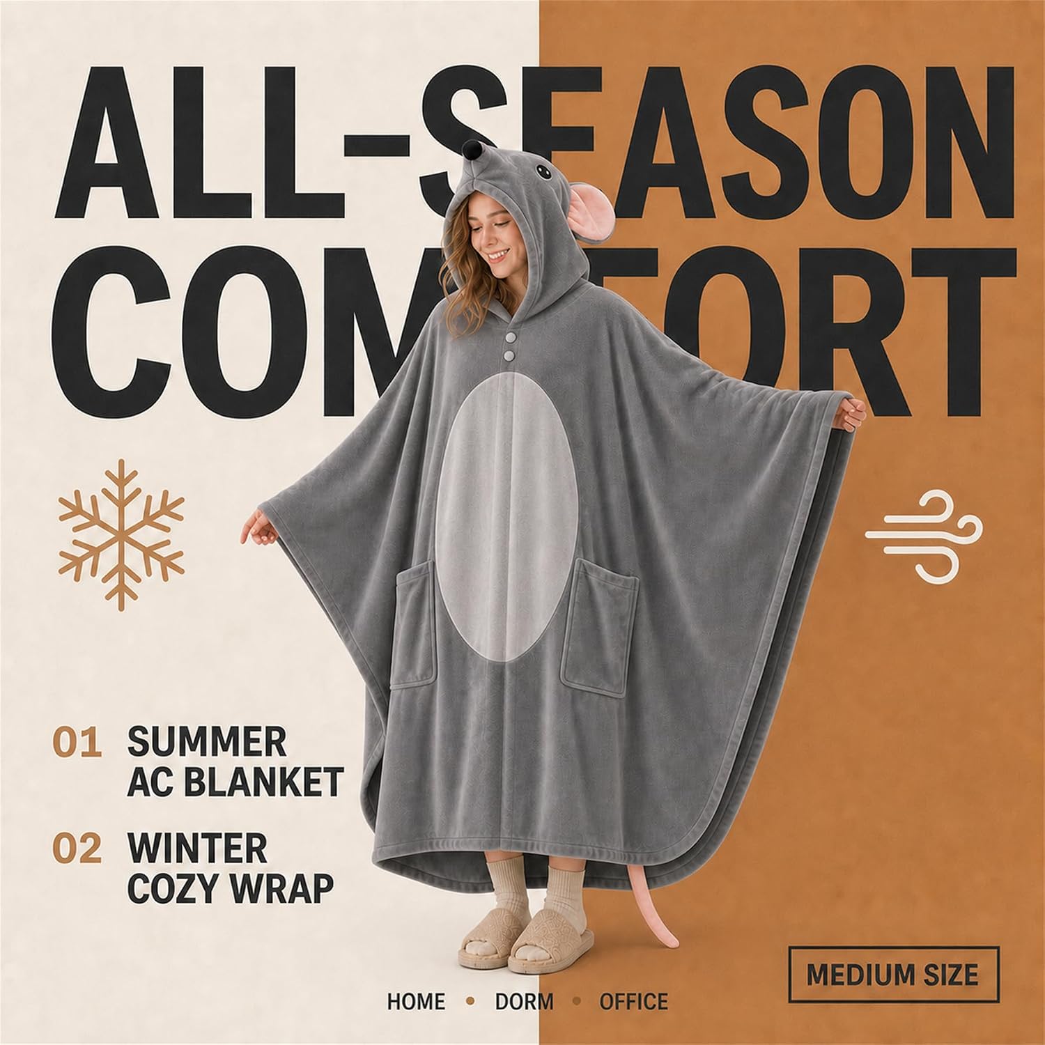 Mouse Hooded Wearable Blanket, Long Gray Fleece Cape with Dual Pockets | Cozy Animal Wrap for Adults, Dorm Study, Office Naps, Movie Nights，Blanket Sleepers