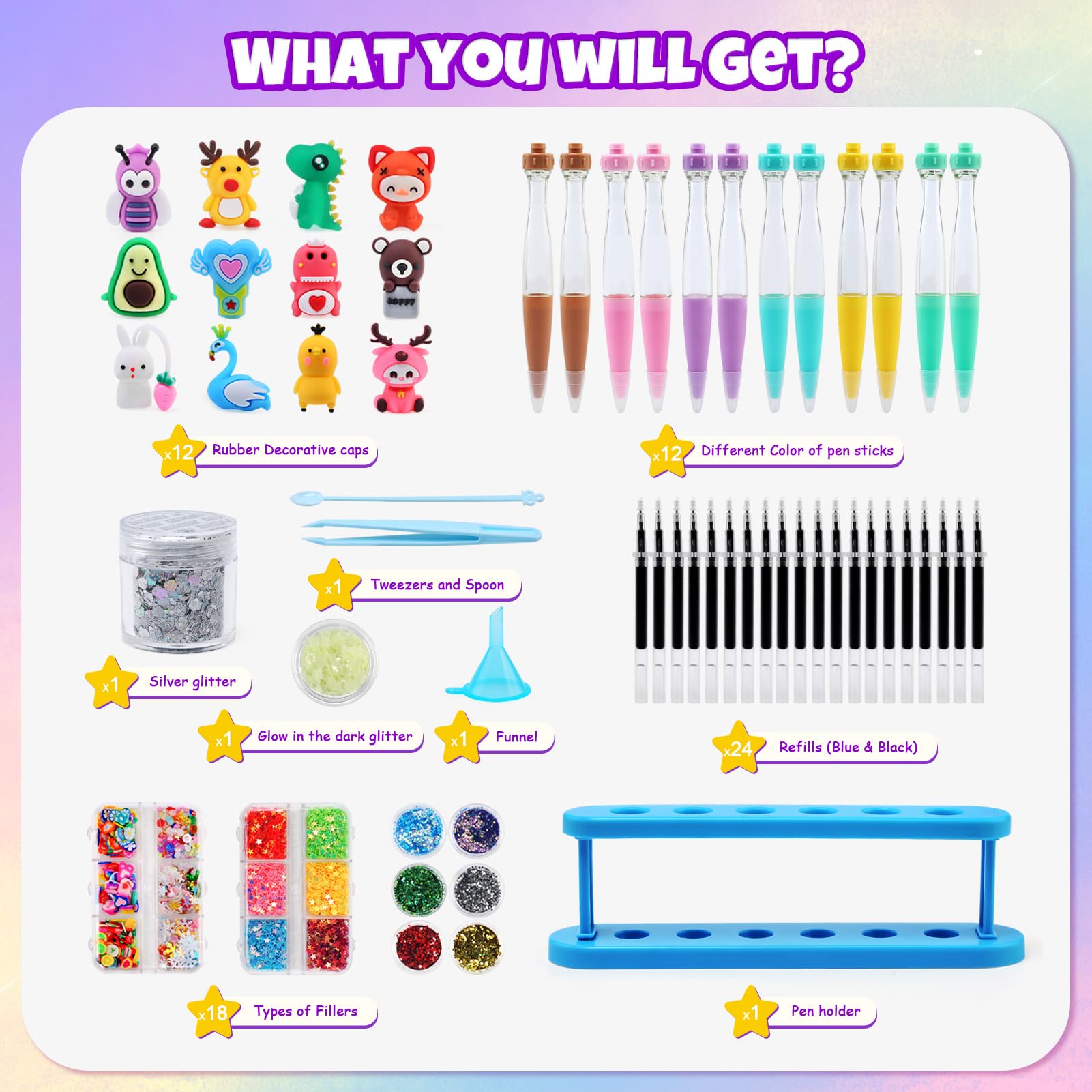 LEADSTAR Kit De Creación De Bolígrafos DIY – 57 Piezas Con Purpurina Y Tapones De Animales, Manualidades Para Niños De 6 A 12 Años, Regalo Creativo