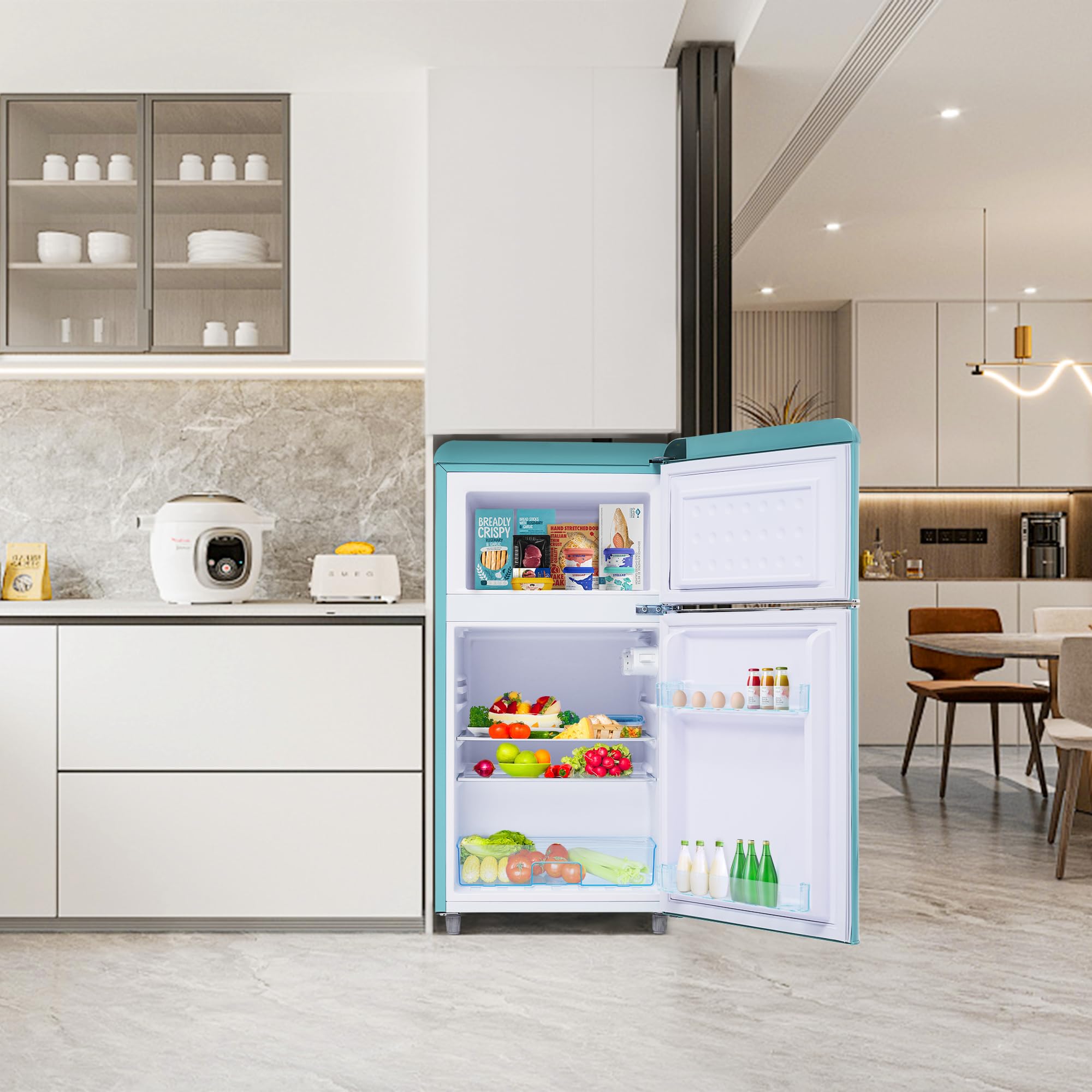Merax Retro Kühlschrank, Doppeltür, 72L Gesamtvolumen, 21L Gefrierfach, Energieklasse E, 120 kWh/Jahr, LED-Beleuchtung, 3 verstellbare Einlegeböden Cyan
