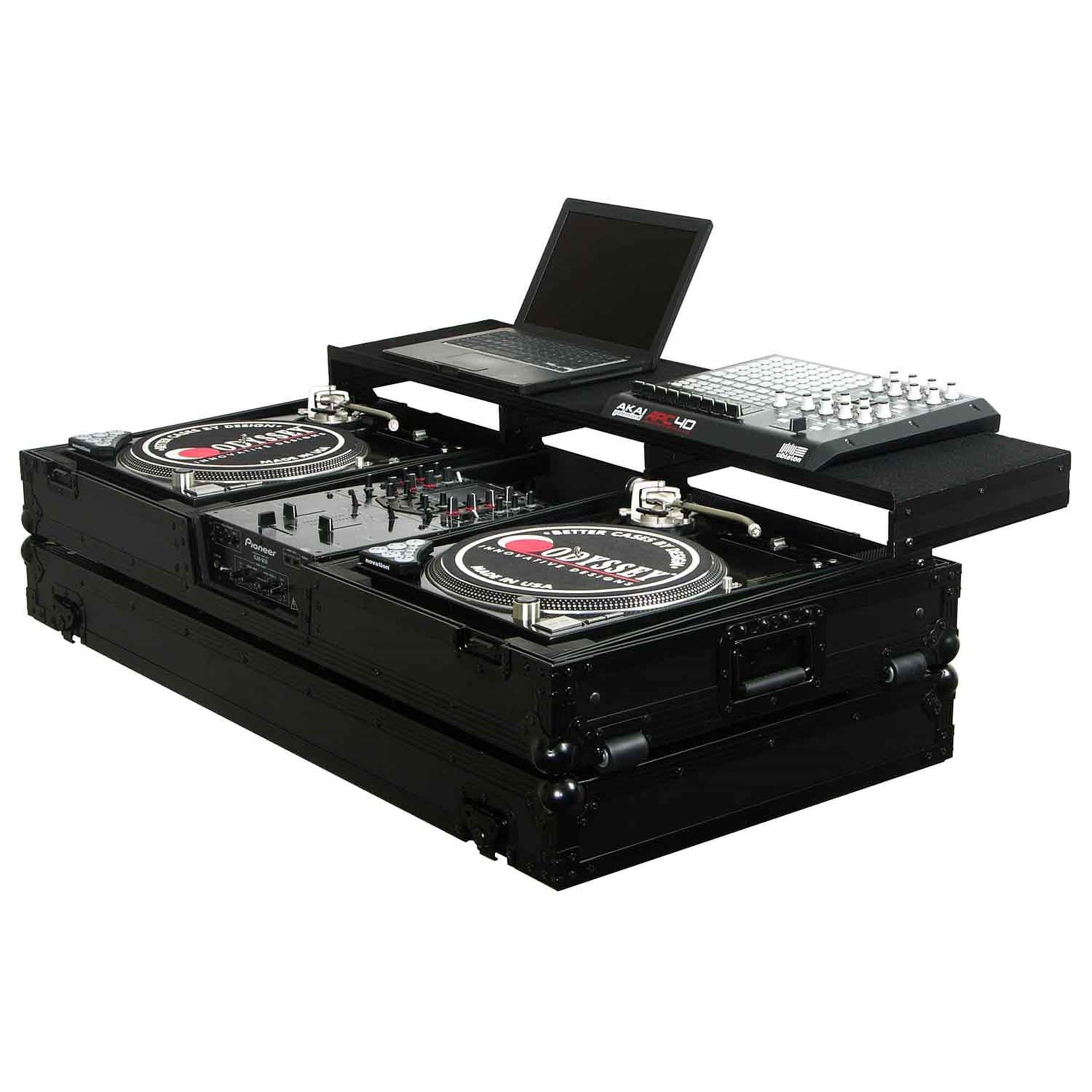 Universal Black 10" Format DJ Mixer and Two Battle Position Turntables Flight Coffin Case with Full Glide Platform