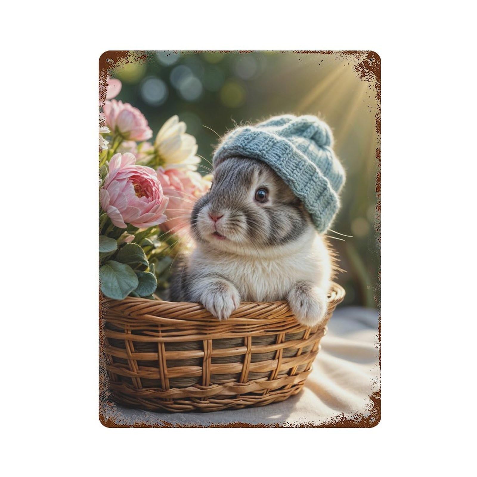 Cute Bunny in Basket with Flowers Distressed Metal Wall Sign 15.7"x11.8", Rustic Home Decor for Living Room, Hallway And Home Decor