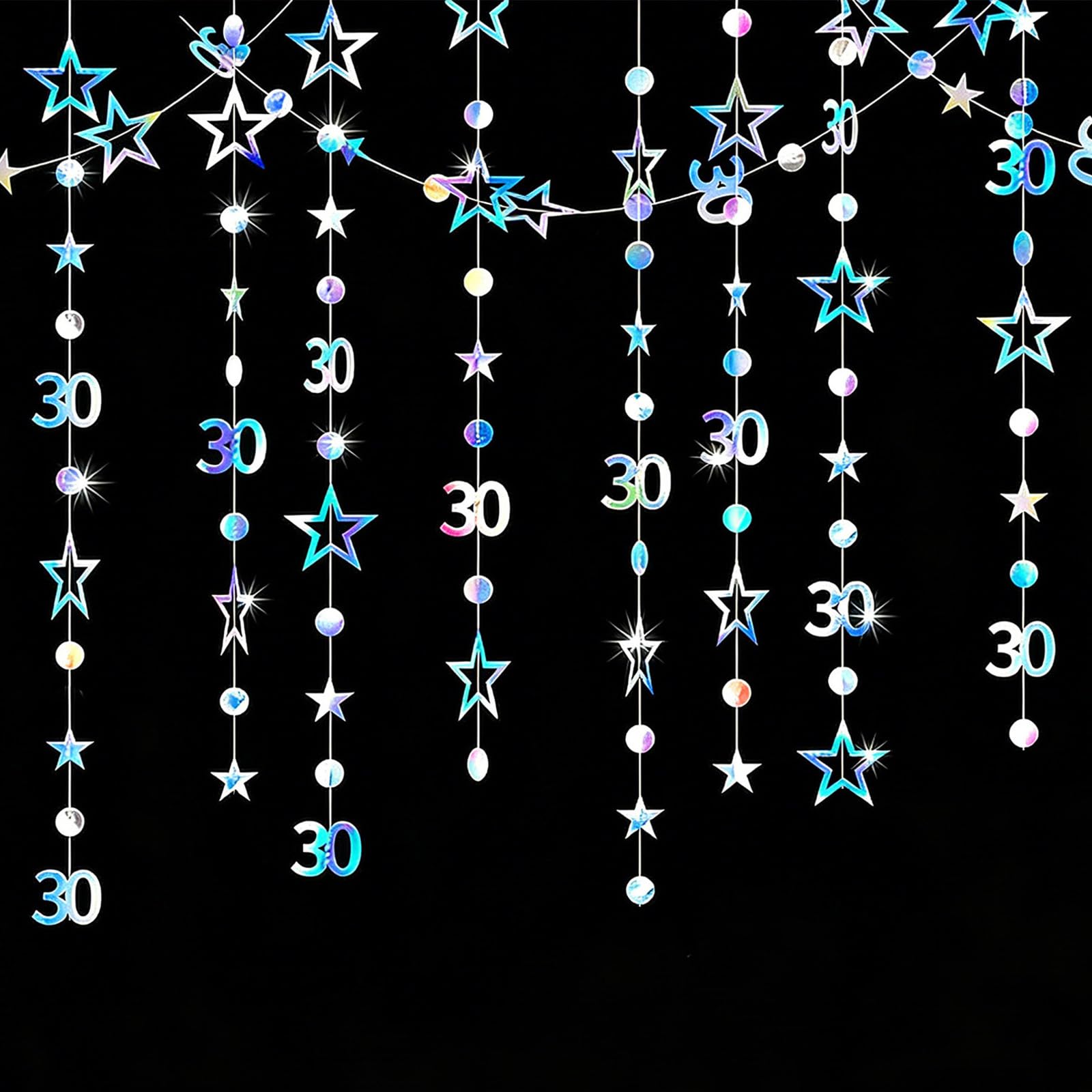 GAKA FAVOR Iridescent 30th Birthday Decorations for Her and Him Number 30 Circle dots Star Garland Banner Streamer for 30th Birthday and Anniversary Decor(40ft)