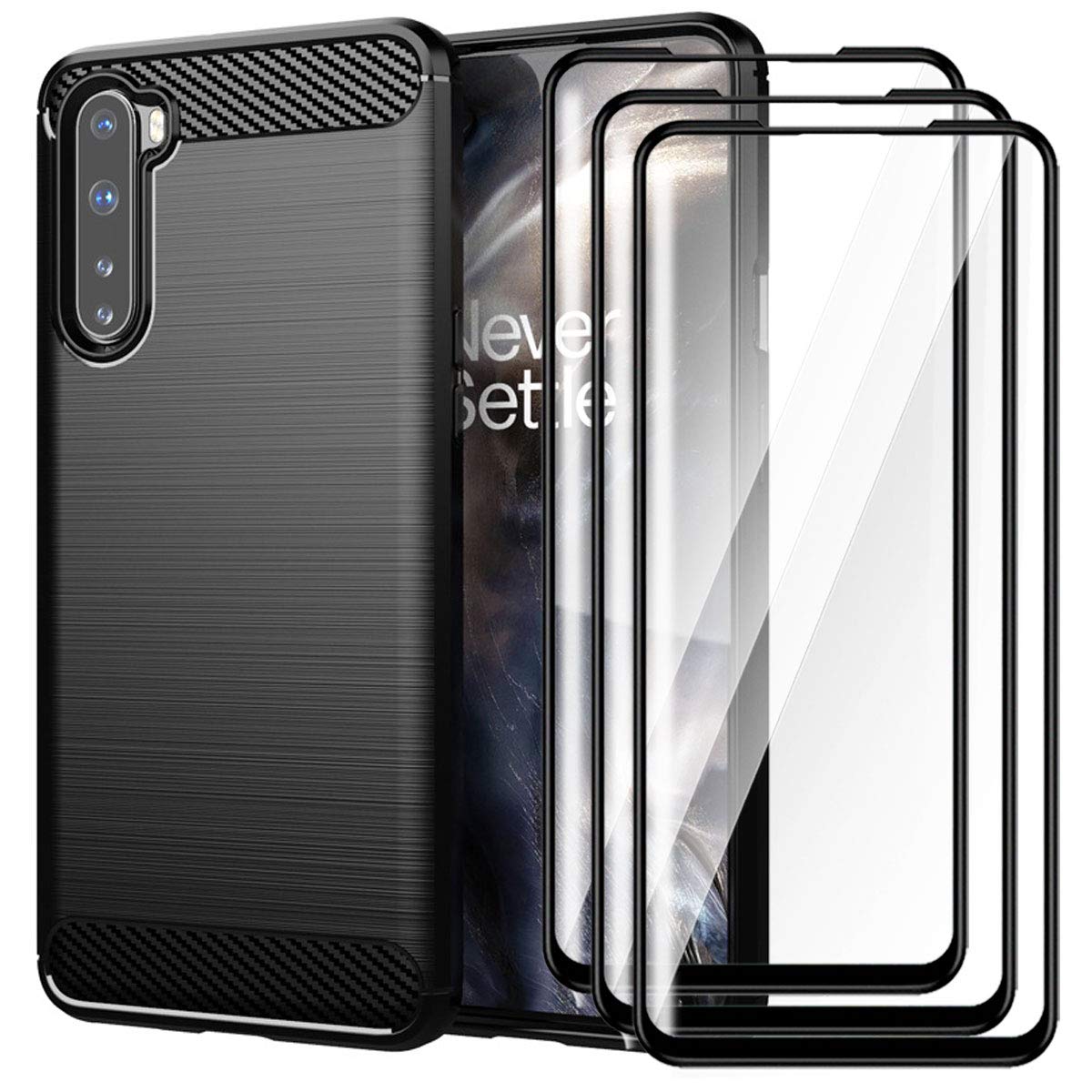 HYMY Case + 3 x Tempered Film - Full Glue Full Cover for Oneplus NORD - Black TPU Soft Silicone Protection Four-corner Reinforcement Shell Shock Absorption Cover + Screen Protector