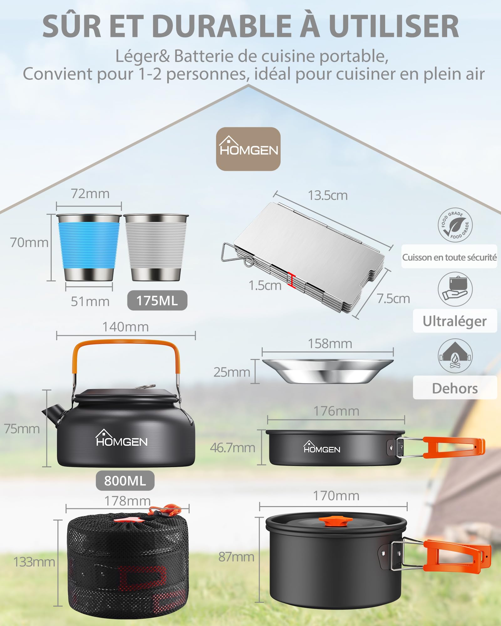HOMGEN Set de Cuisine de Camping avec Pare-Brise Ensemble de Casseroles et Poêles de Camping en Aluminium pour 2-3 Personnes - Batterie de Cuisine Portable Légère pour l’extérieur, la Randonnée