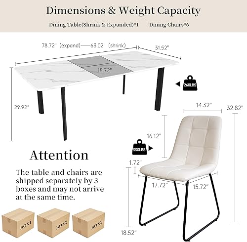 Miniatura 2 de Juego de mesa de comedor extensible para 6-8 personas, mesa de cocina MDF de 63 a 78.7 pulgadas con 6 sillas tapizadas, ahorro de espacio para