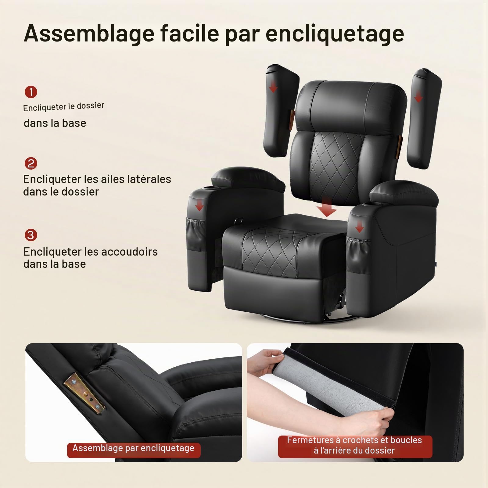 WOLTU Fauteuil Relax Pivotant à 360°, inclinable, Bascule, PU, Noir | Fauteuil TV, Dossier Inclinable, Bascule, Repose-Pieds, Poches Latérales et Porte-gobelet, Charge 150 kg