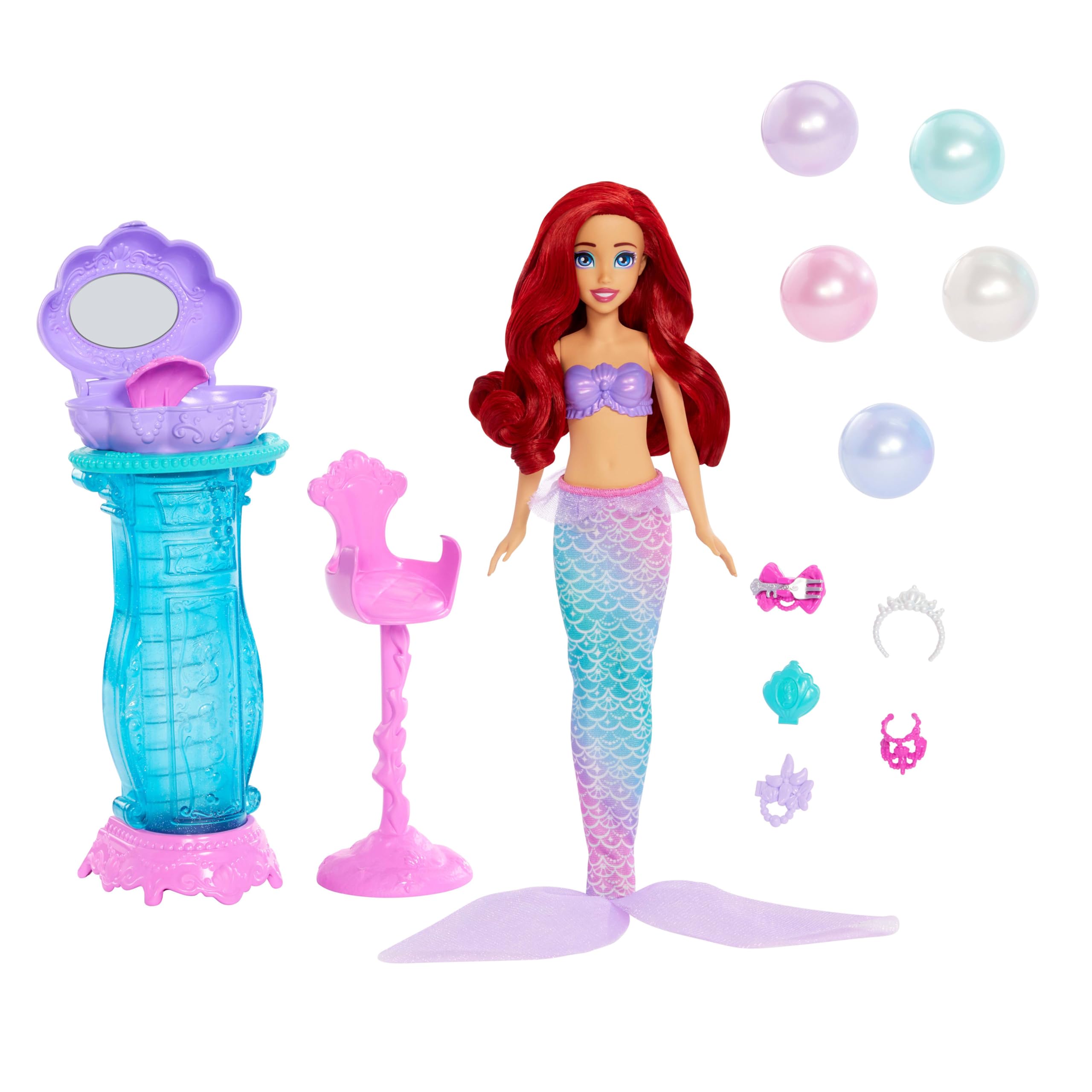Mattel Księżniczka Disneya Arielka Muszelkowa toaletka Zestaw, lalka syrenka ze zdejmowanym ogonem, toaletka i 5 „perełek” z niespodziankami, JBF86